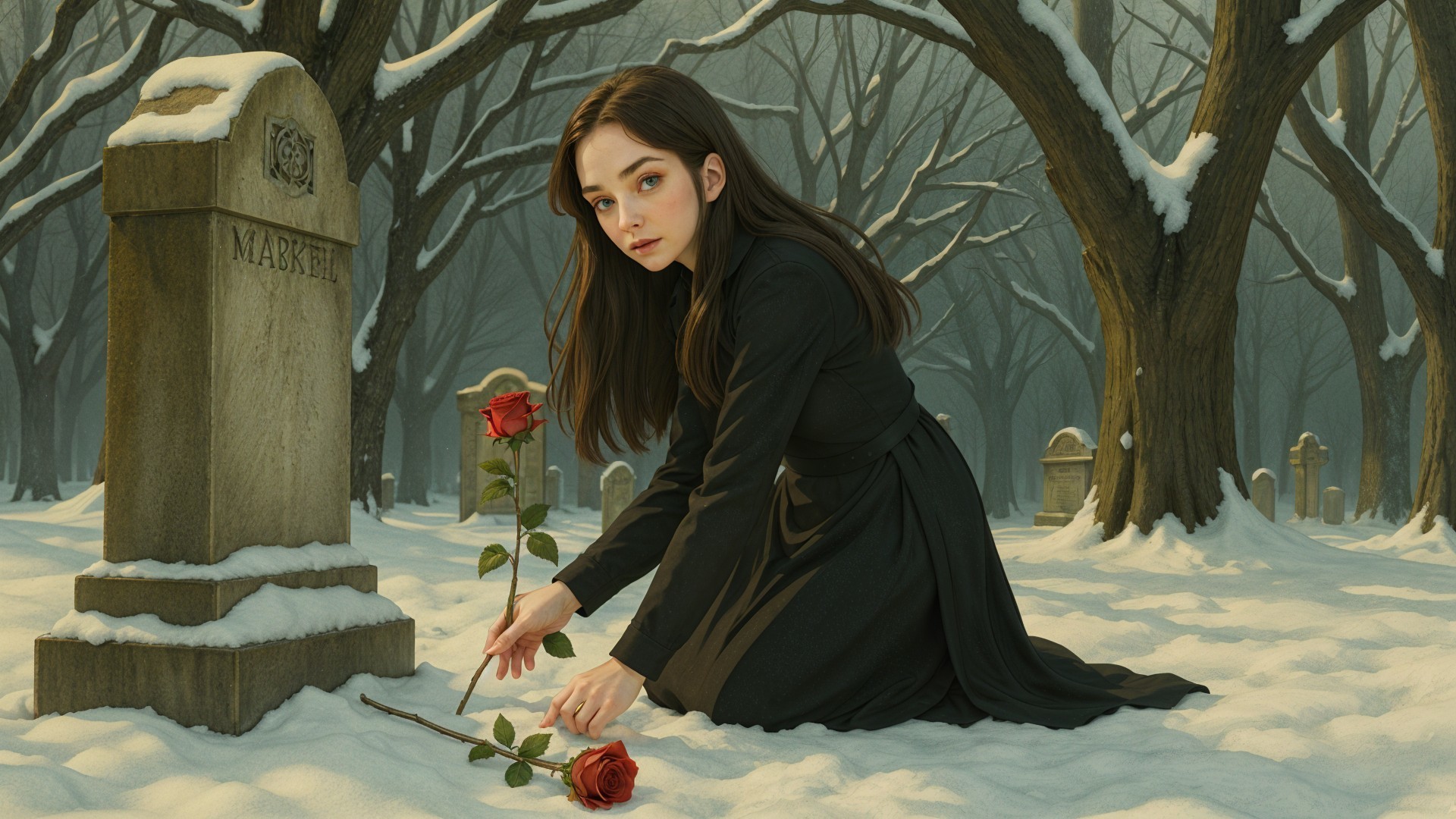 Young Woman Places Rose in Snowy Graveyard
