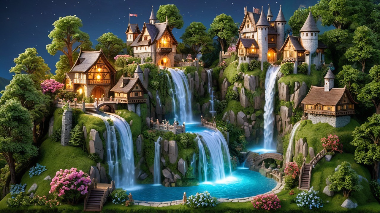 Whimsical Nighttime Fairytale Landscape with Houses