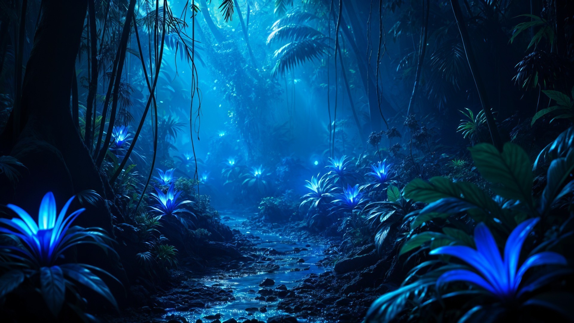Mystical Forest Scene with Blue Light and Bioluminescence