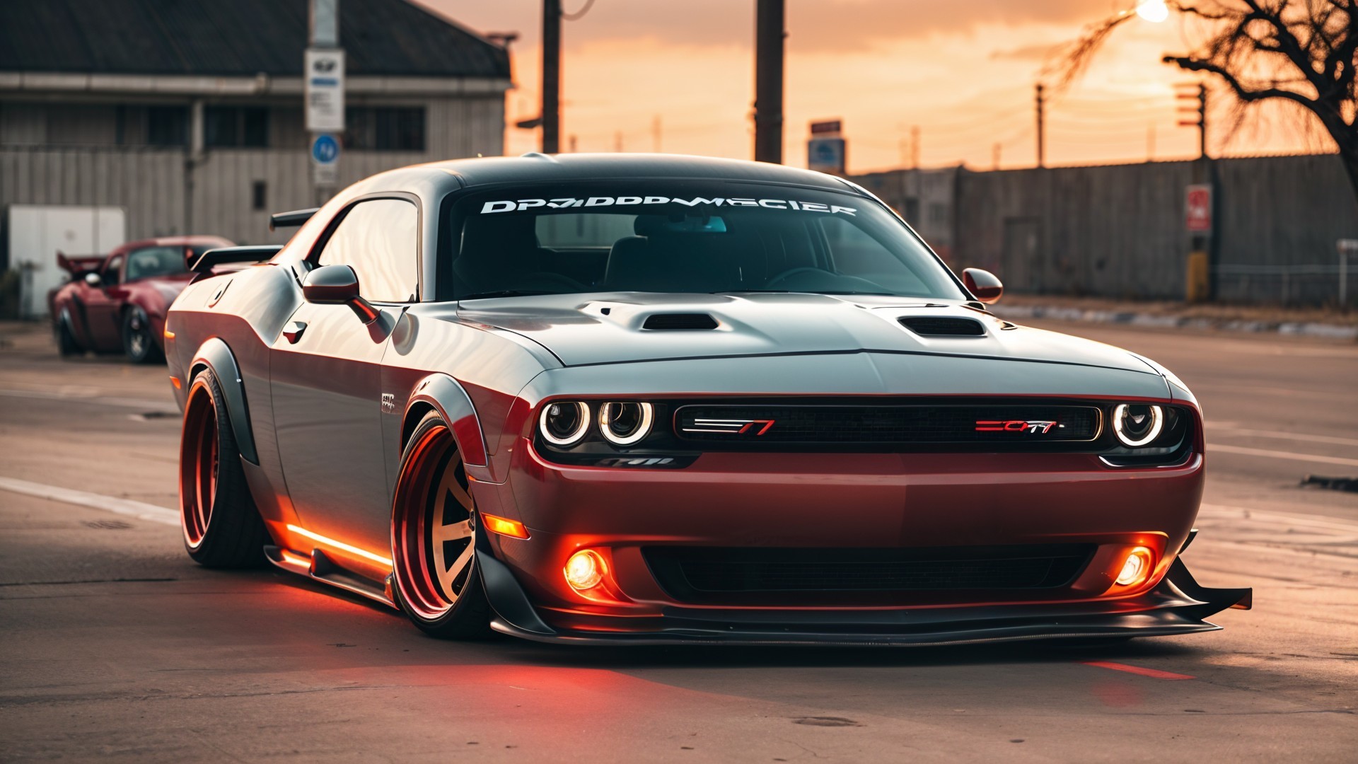Modified Dodge Challenger with Two-Tone Gray and Orange Paint