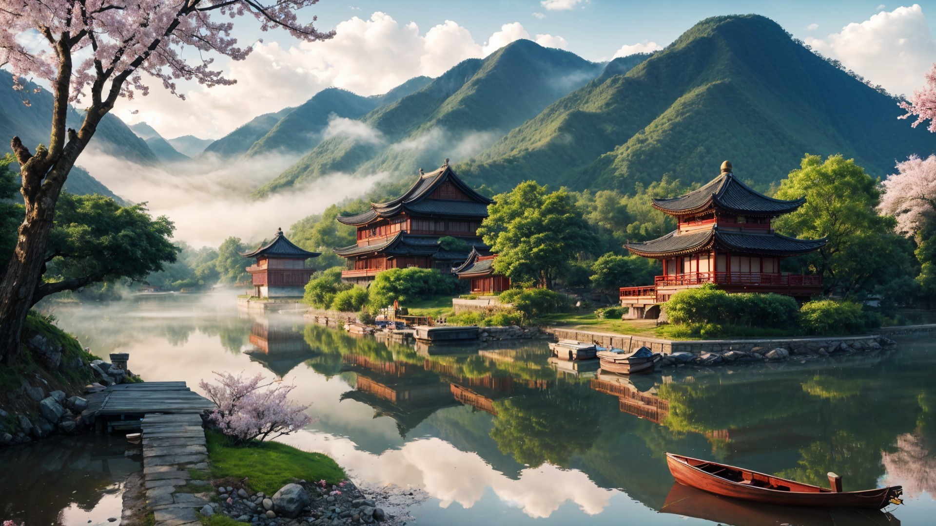 Serene Asian Landscape with Pagodas and Lake Reflection