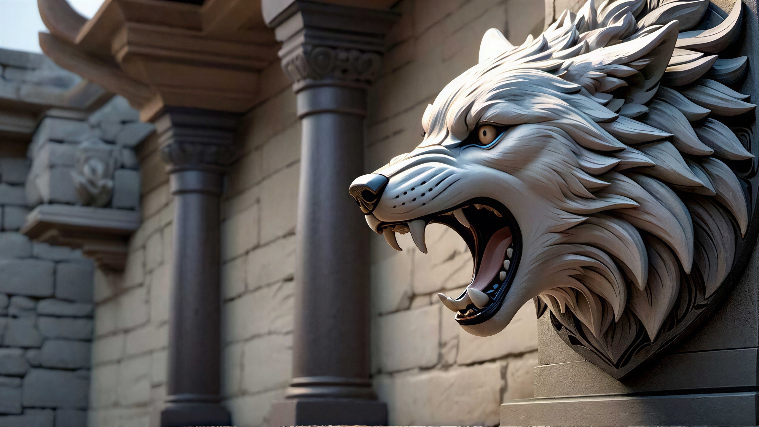 Wolf Head Relief Carving on Stone Building Wall