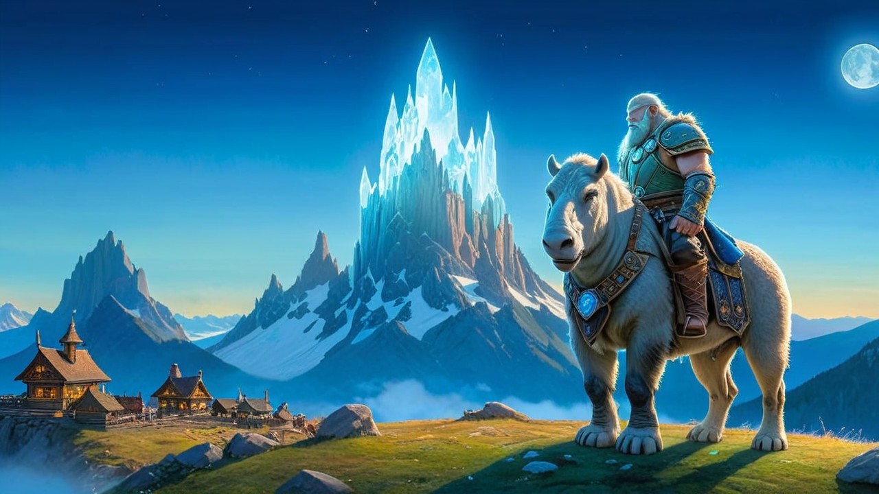 Warrior on Creature in Mystical Landscape at Night