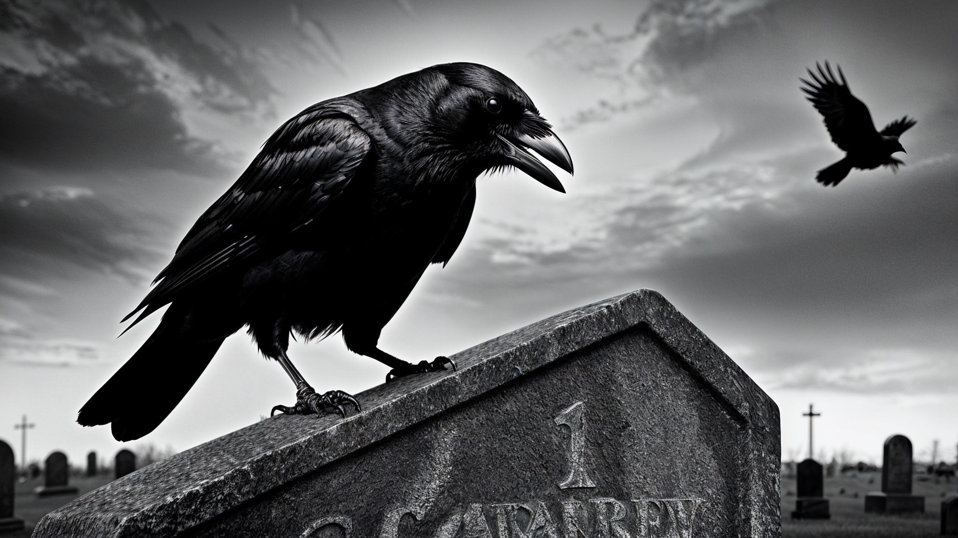 Raven on Gravestone in Black and White Cemetery Scene