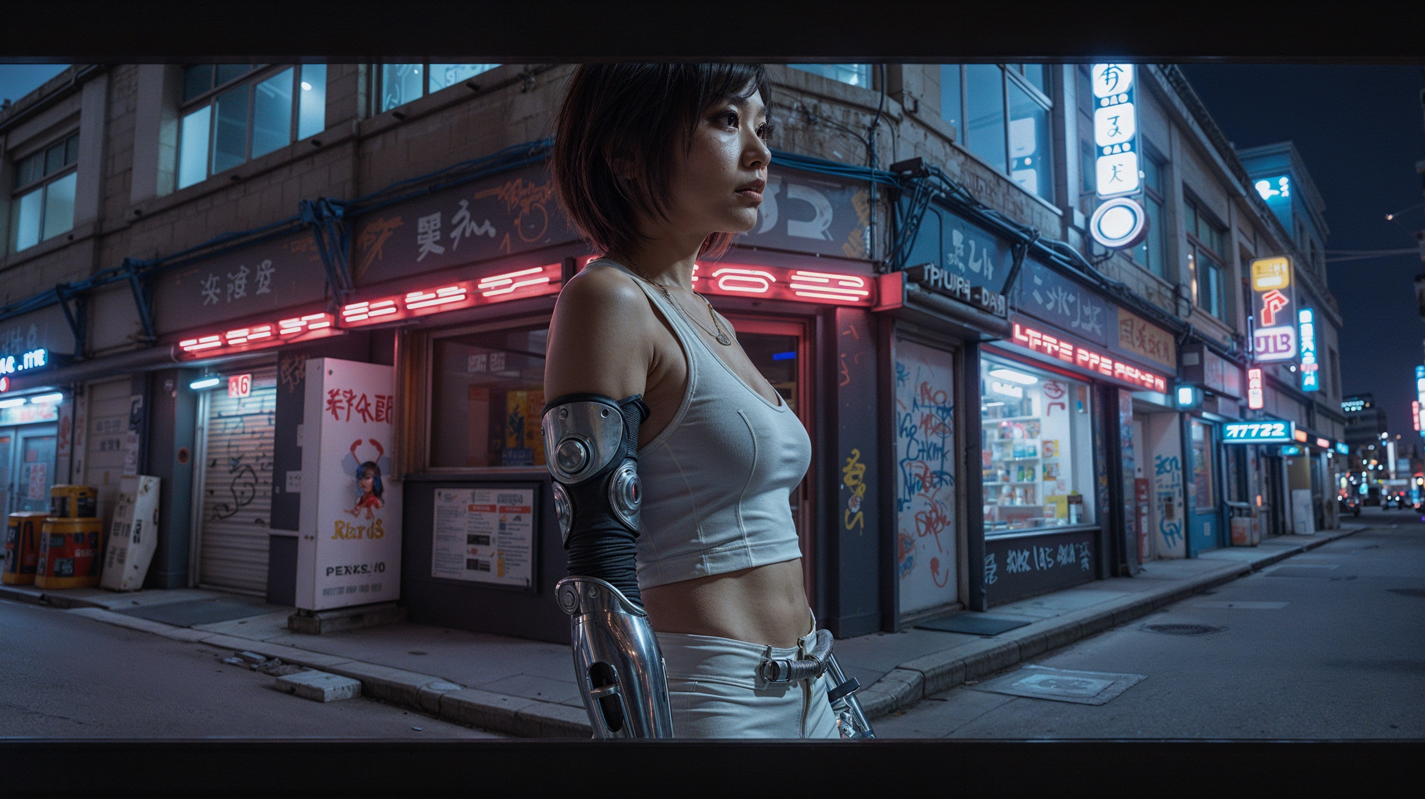 Futuristic Urban Scene with Cybernetic Arm Enhancements