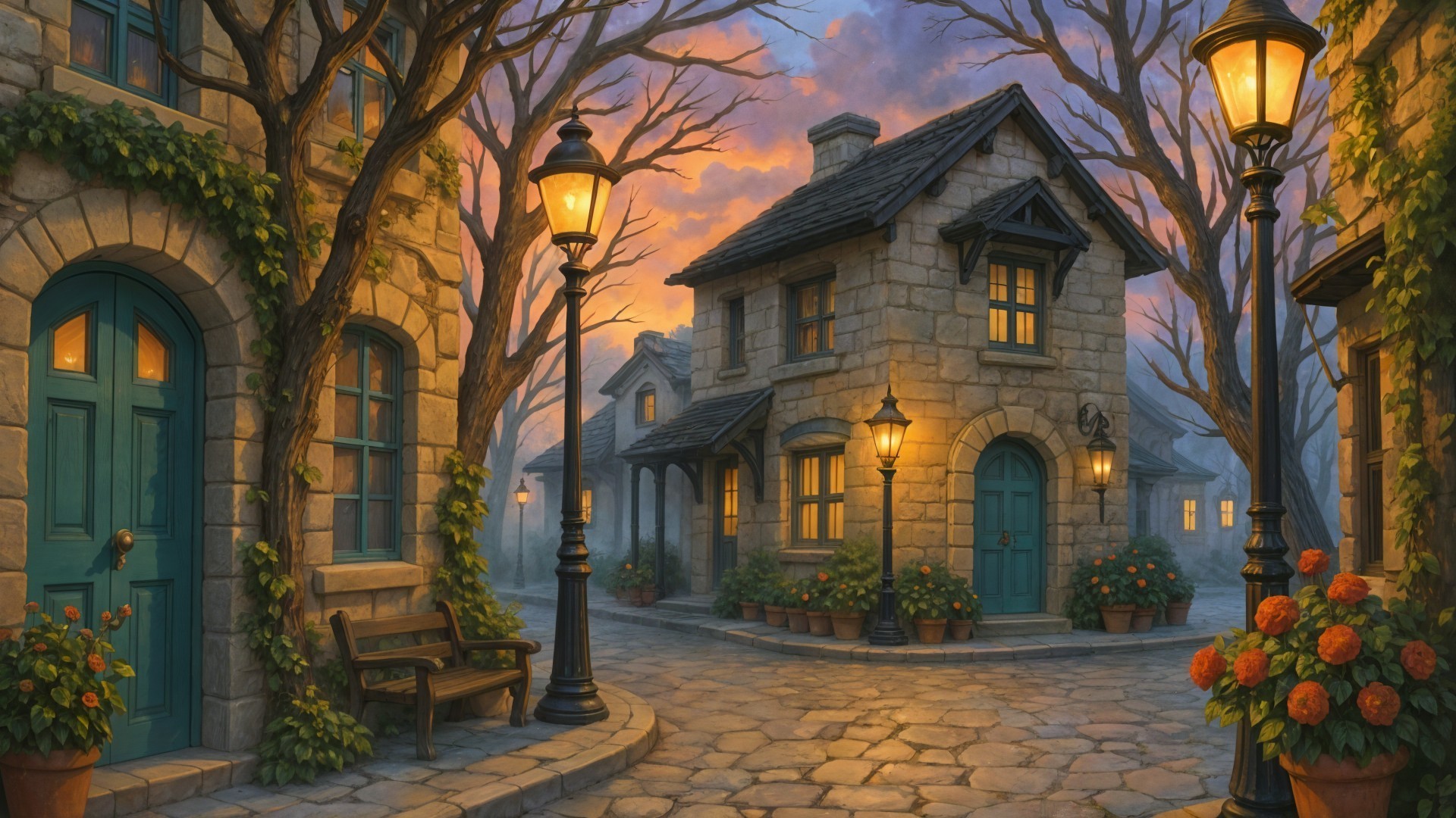 Charming Village Street at Twilight with Stone Houses