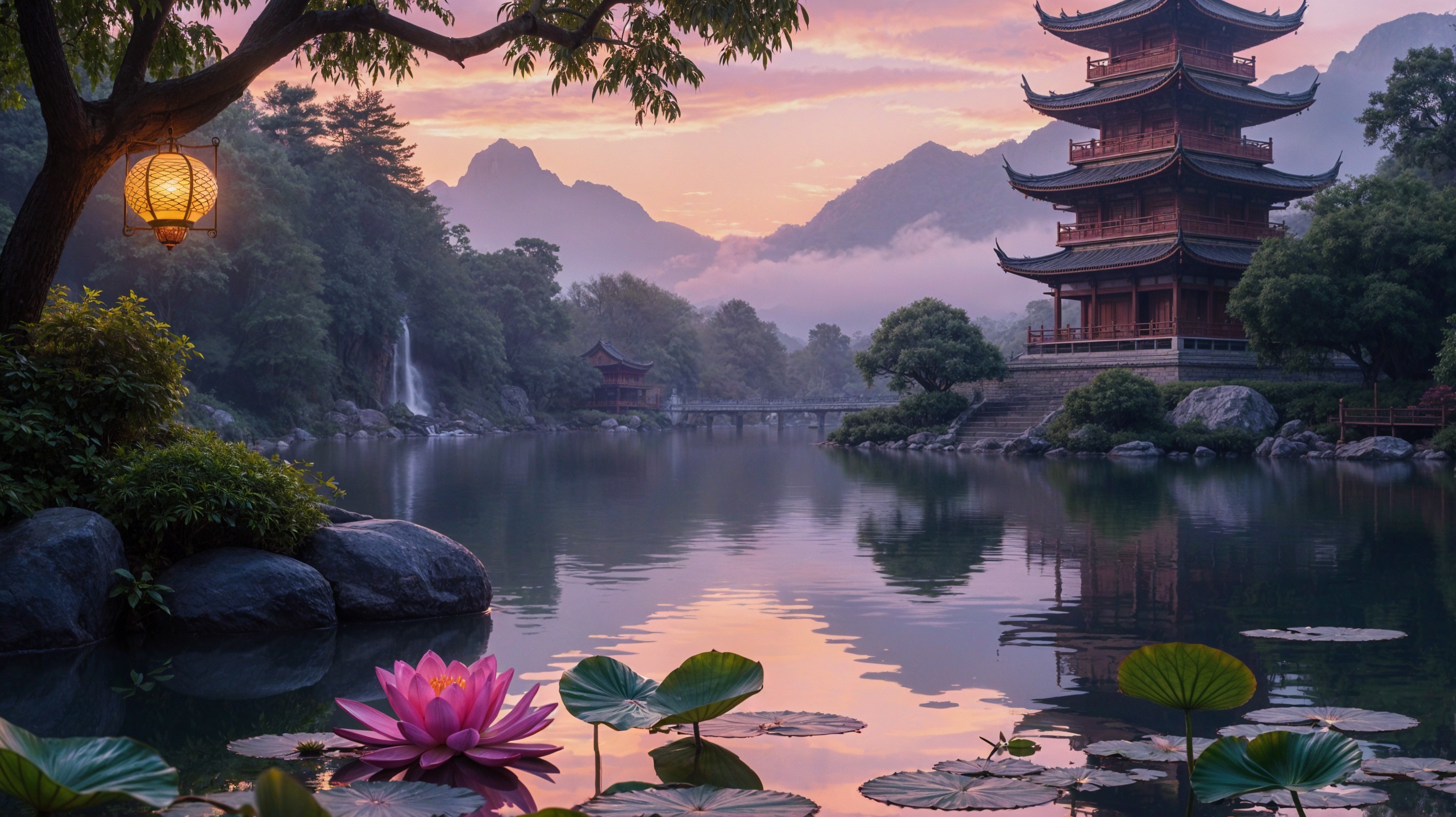 Serene Dawn Landscape with Pagoda and Tranquil Lake