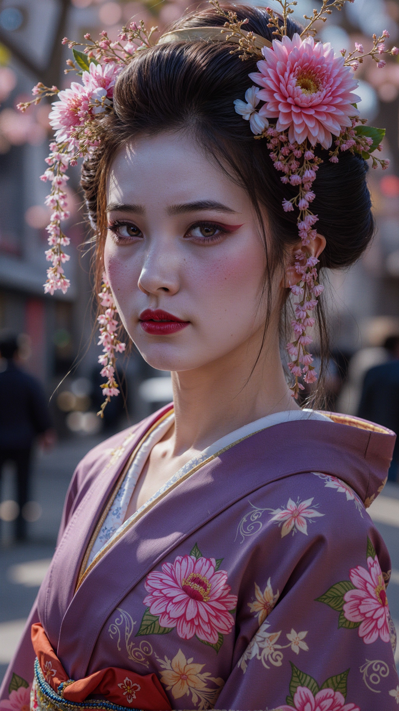 Young Woman in Kimono Surrounded by Cherry Blossoms