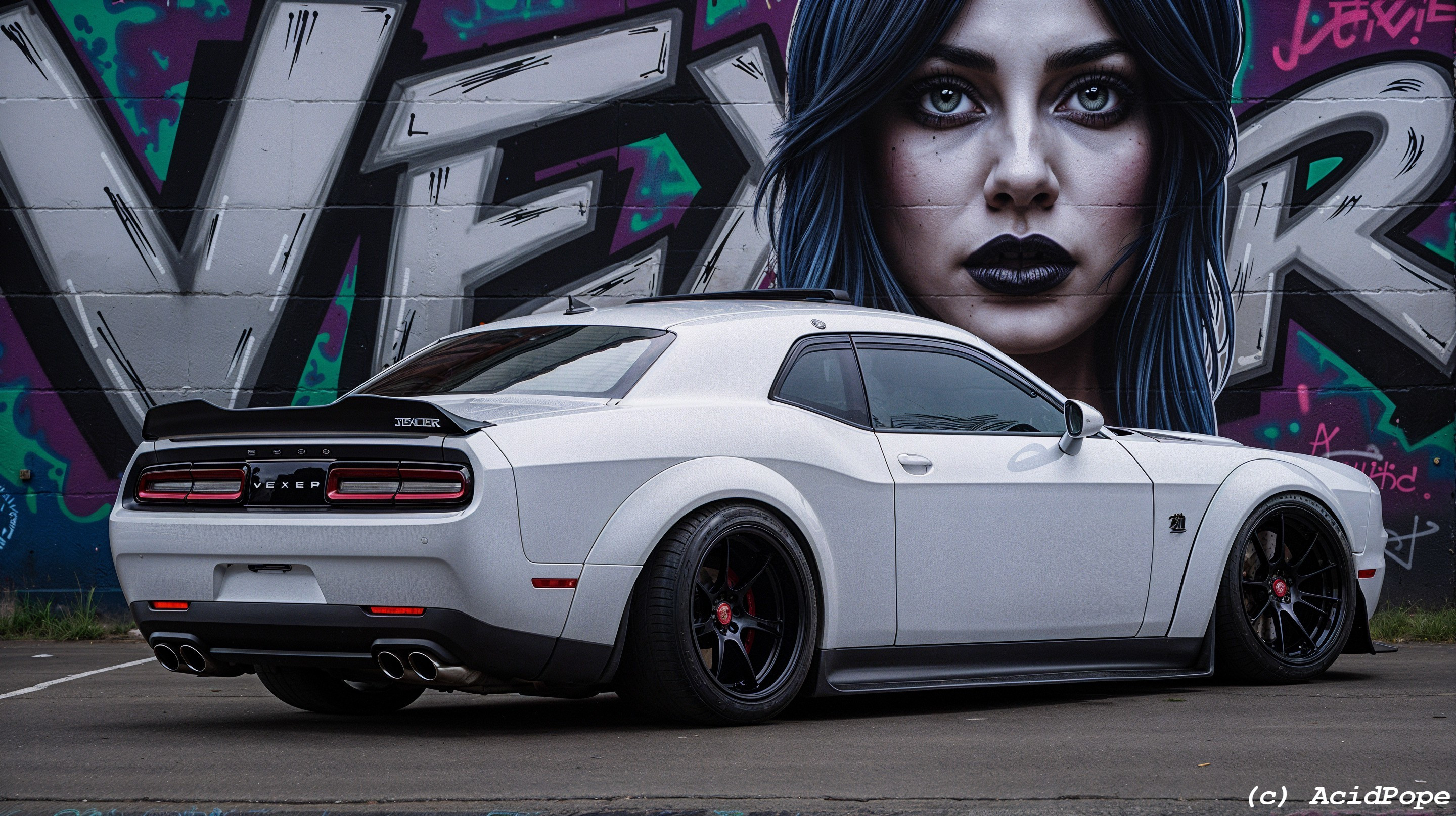 Sleek White Muscle Car by Vibrant Graffiti Mural