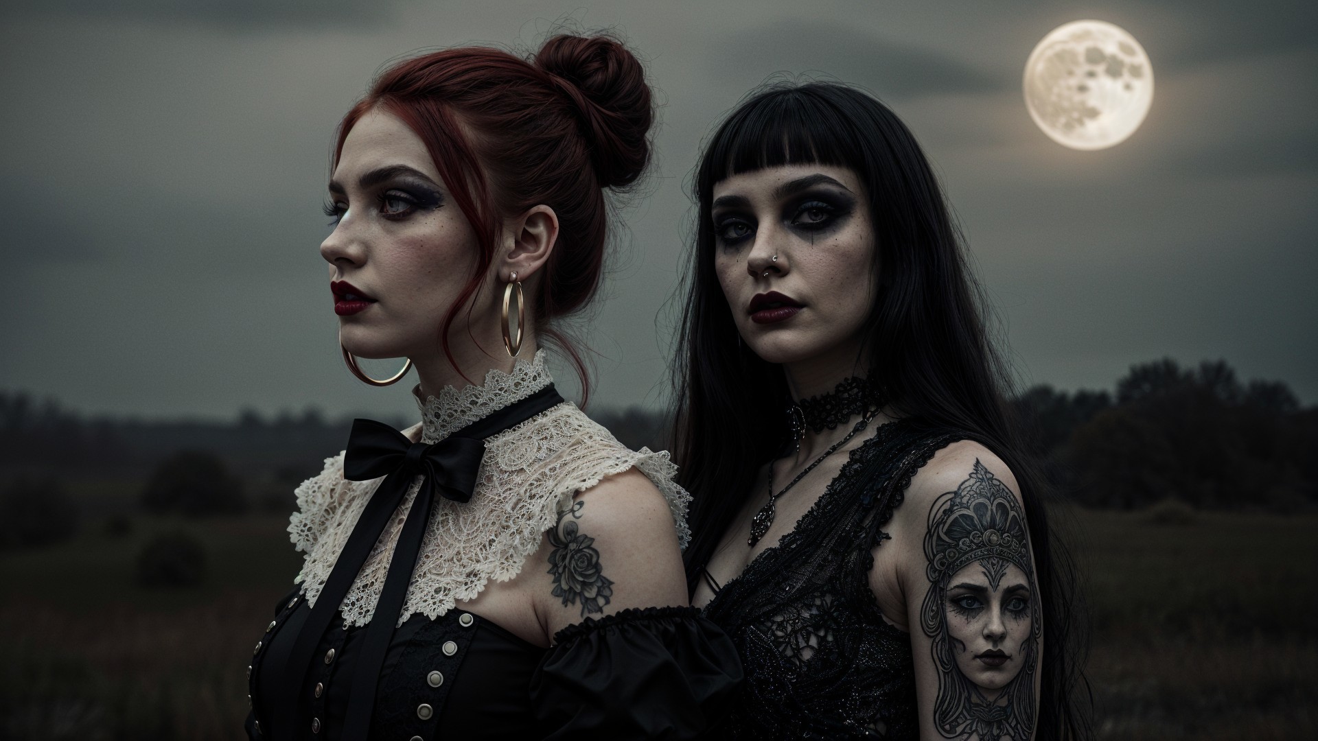 Women in Twilight Landscape with Full Moon and Gothic Fashion