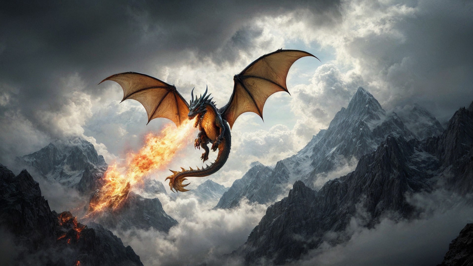 Dragon Soaring Through Stormy Sky with Fire Breath
