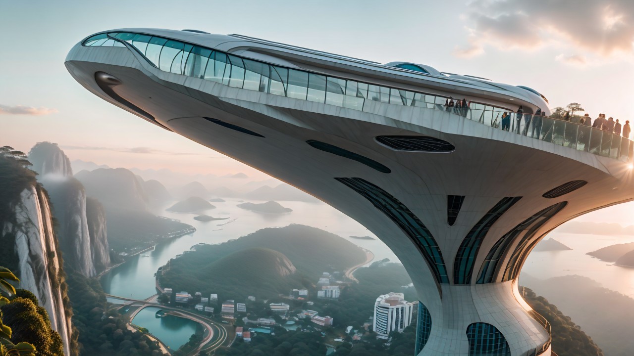 Futuristic UFO-shaped building with panoramic views