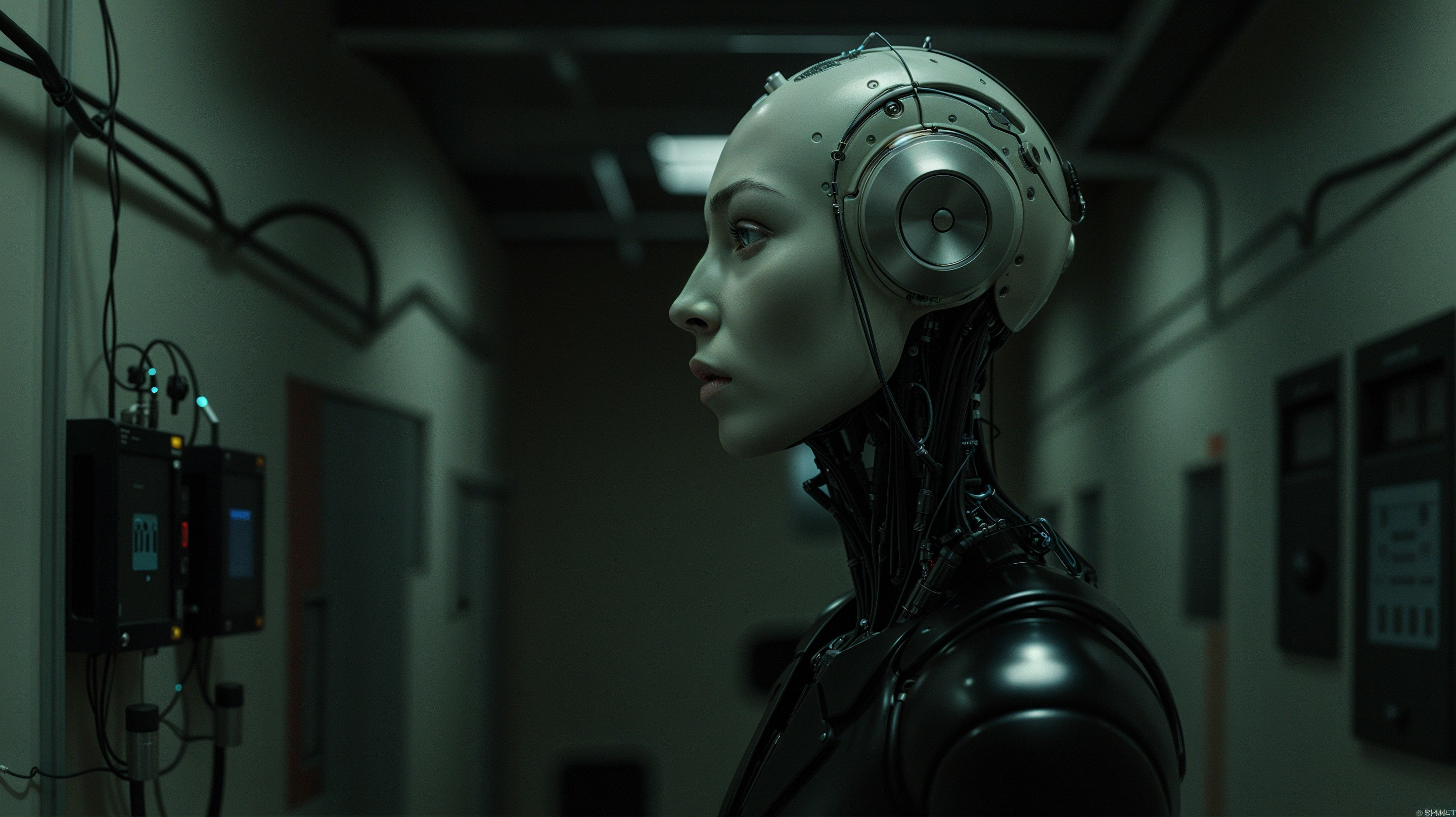 Sleek Humanoid Robot in Futuristic Corridor Setting