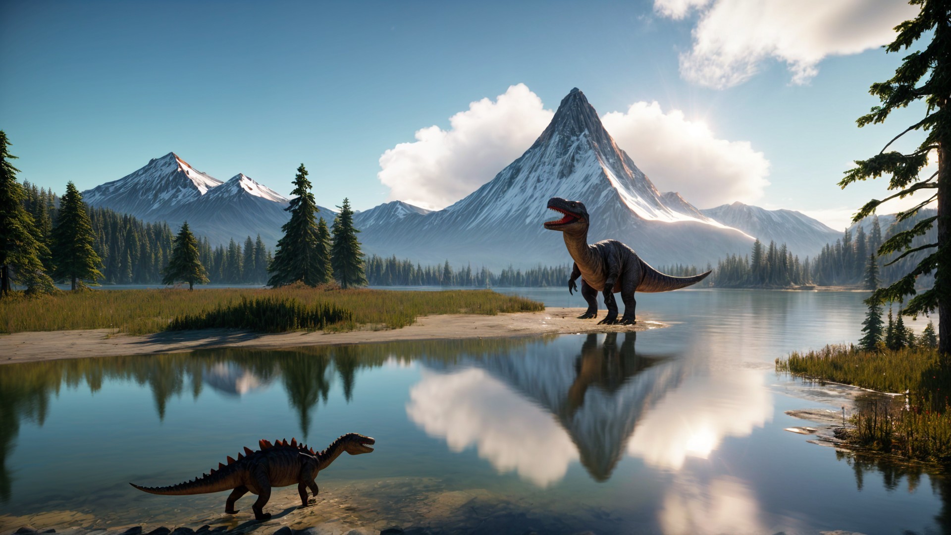 Reflective Lake Landscape with Dinosaurs and Mountains