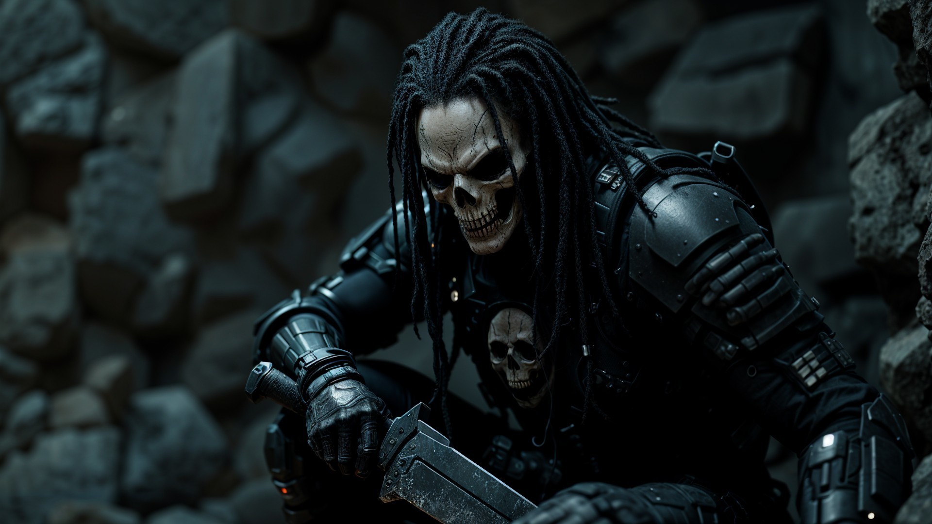 Menacing Figure in Dark Armored Attire with Knife