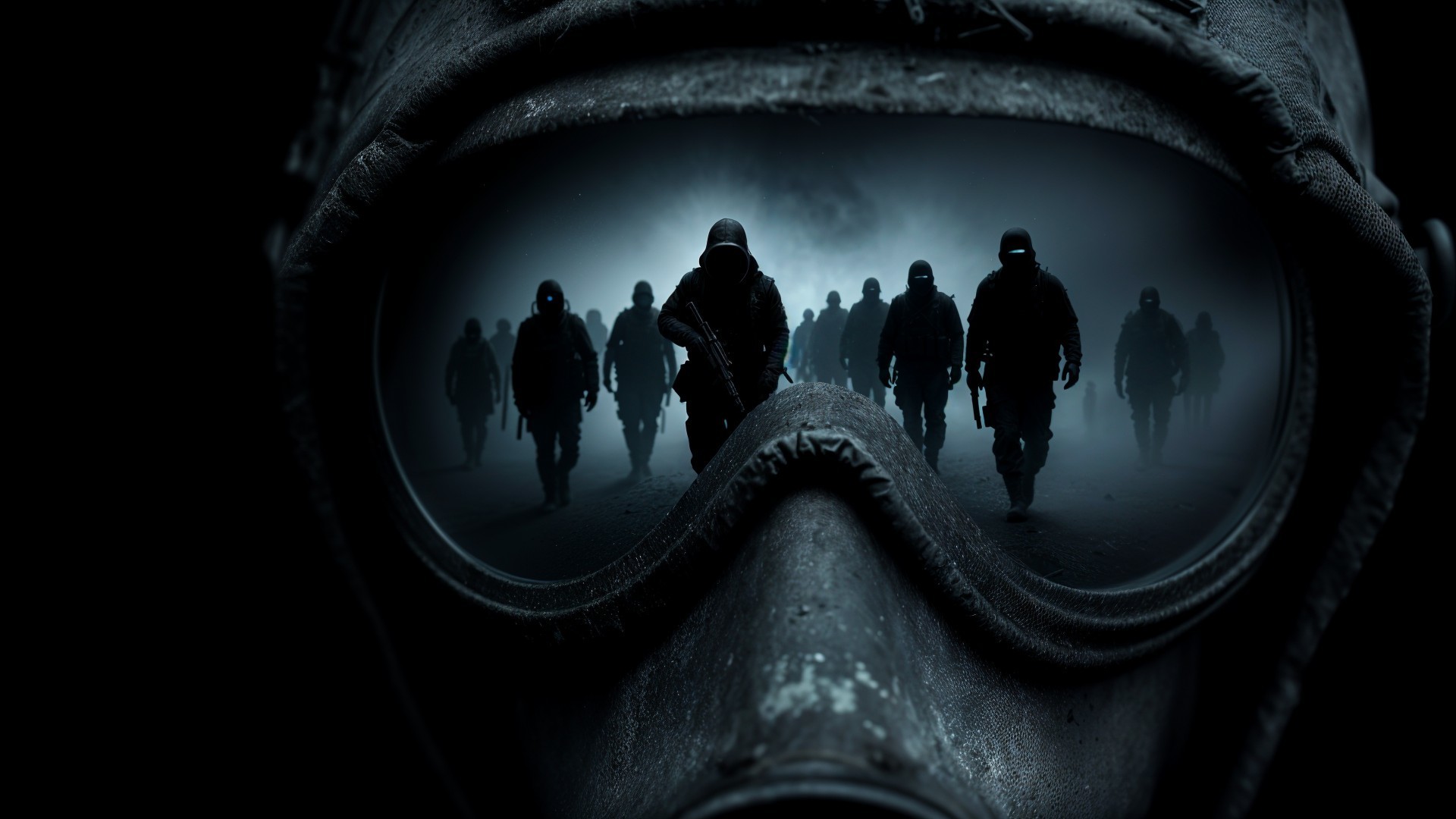 Close-Up of Gas Mask with Silhouetted Figures in Fog