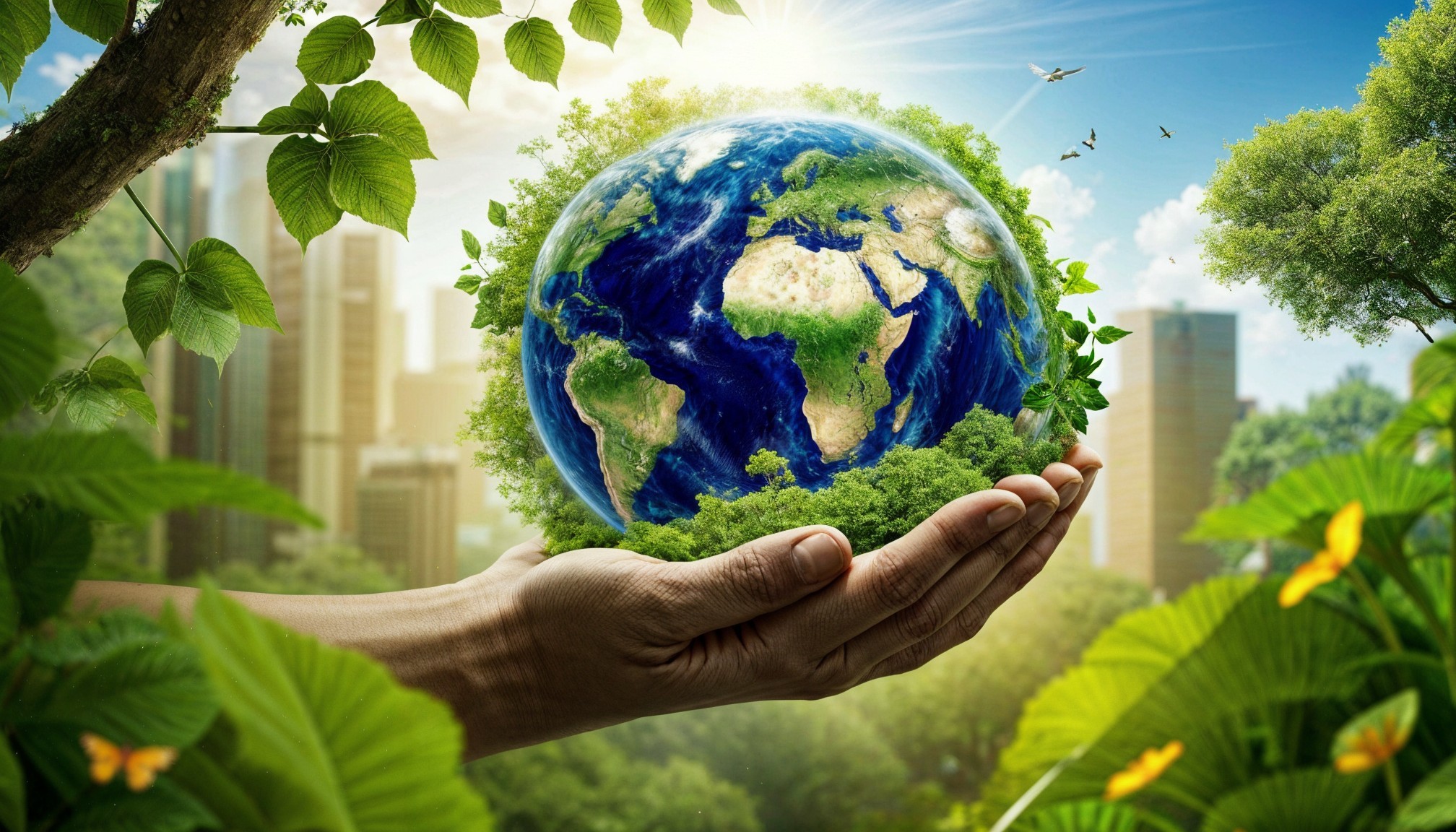 Human Hand Holding Vibrant Earth Surrounded by Nature