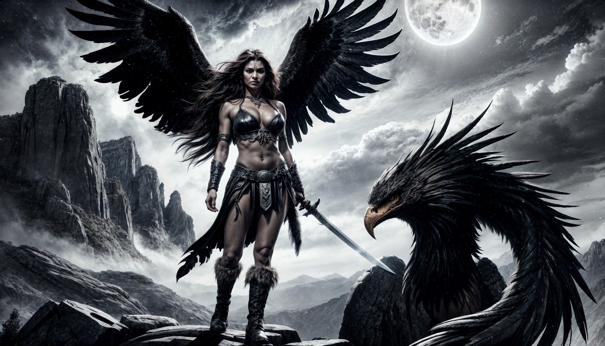 Warrior Woman with Wings and Sword Under Full Moon