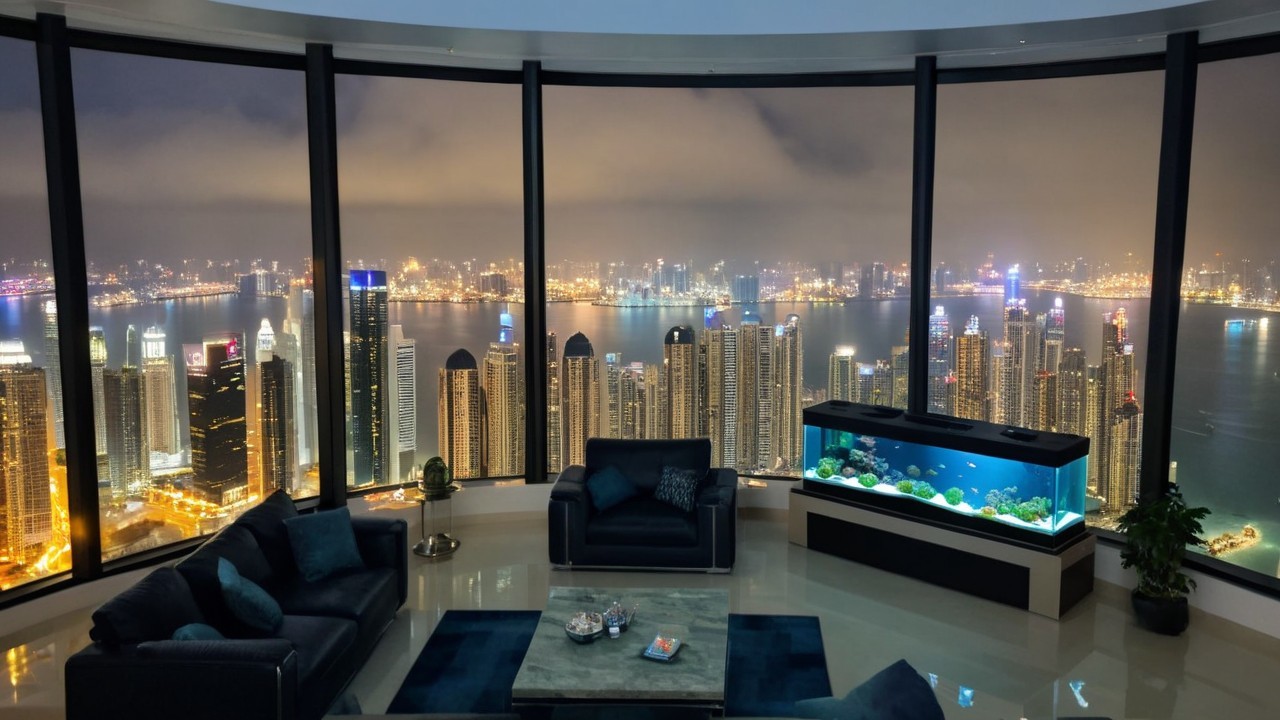 Modern Living Room with City Skyline View at Night