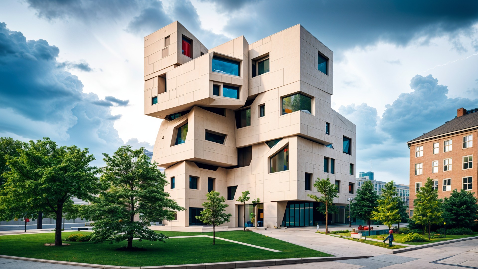 Modern Building with Geometric Design and Greenery