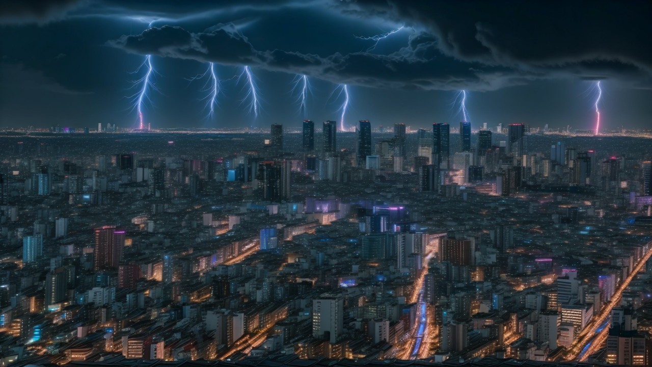 Dramatic Cityscape with Lightning and Ominous Clouds