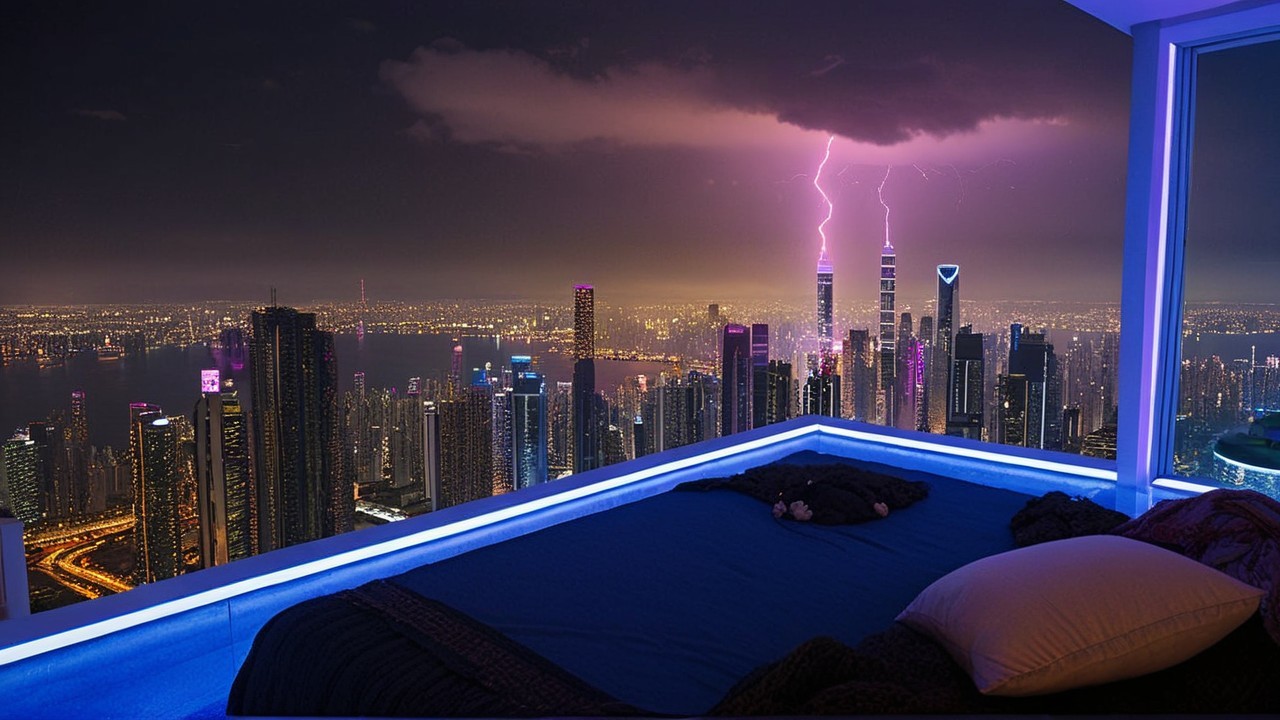 Urban skyline at night with lightning and bedroom view
