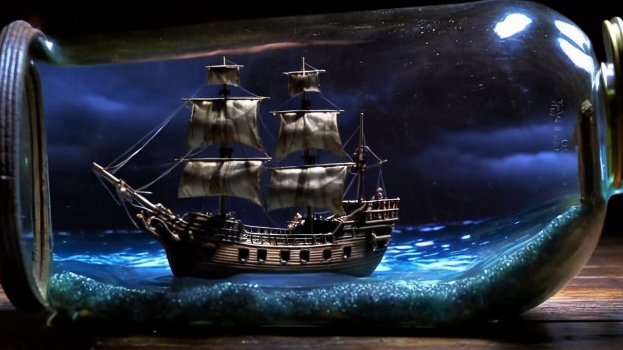 Model ship in glass bottle on wooden surface