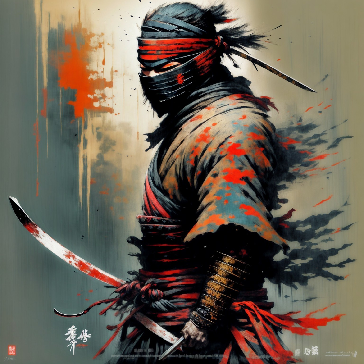Ninja Illustration in Traditional Attire with Katana