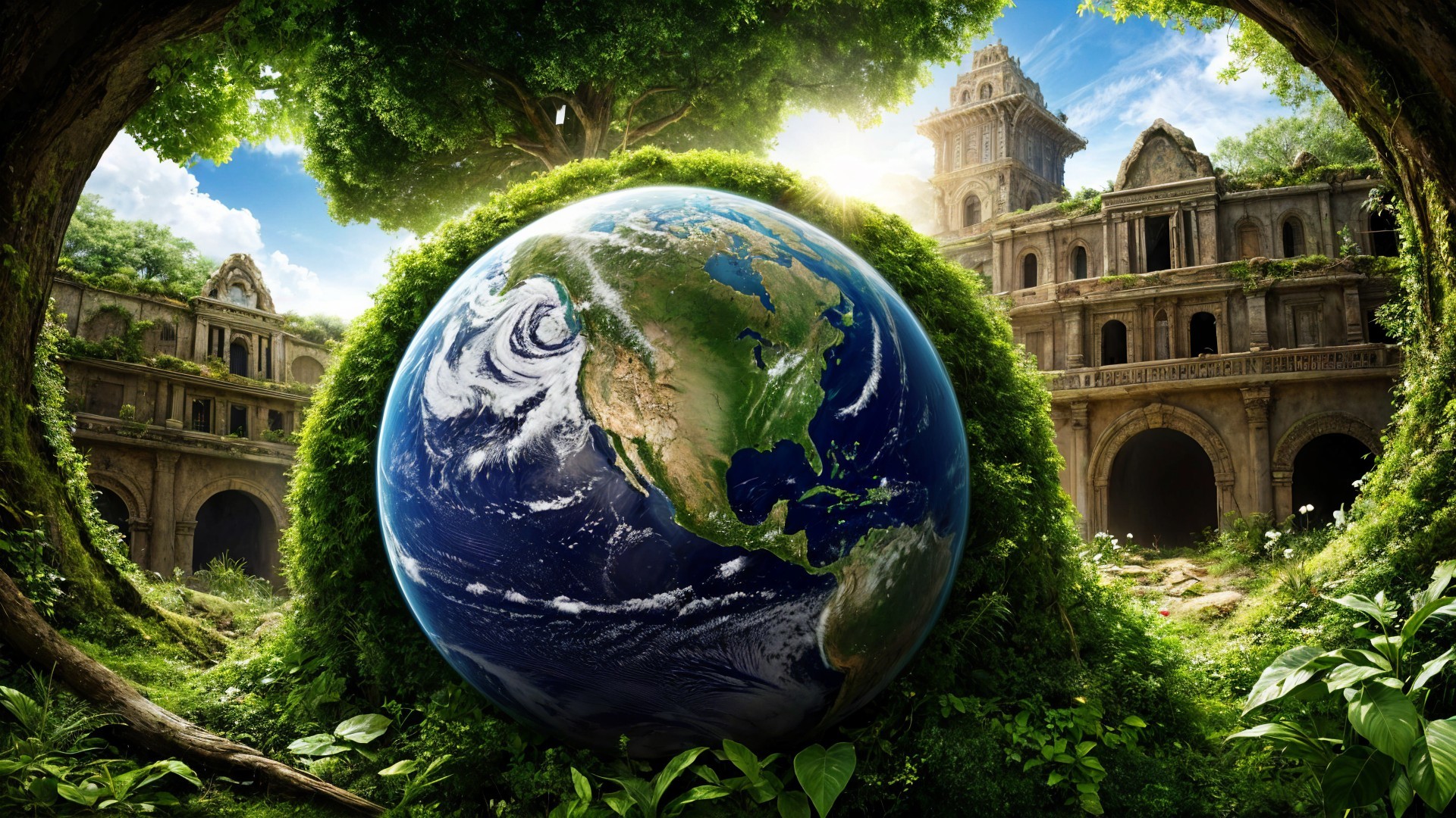 Earth Surrounded by Lush Foliage and Ancient Ruins