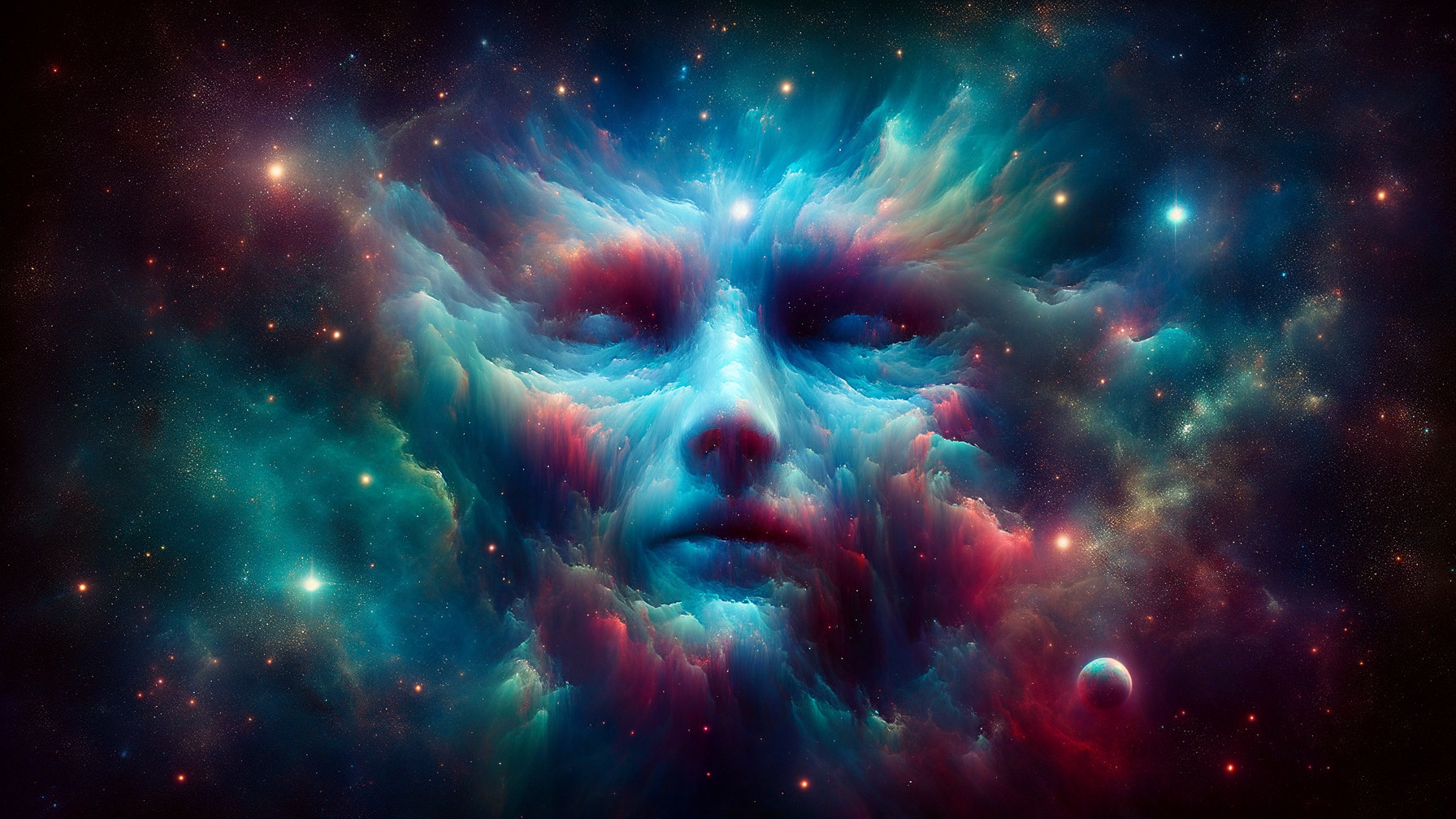 Surreal Cosmic Scene with Human-like Face and Nebulae