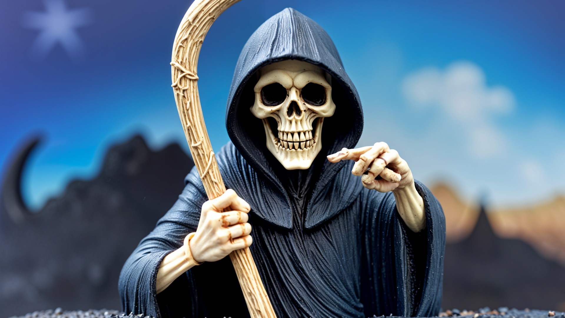 Skeletal Figure in Black Robes with Curved Scythe