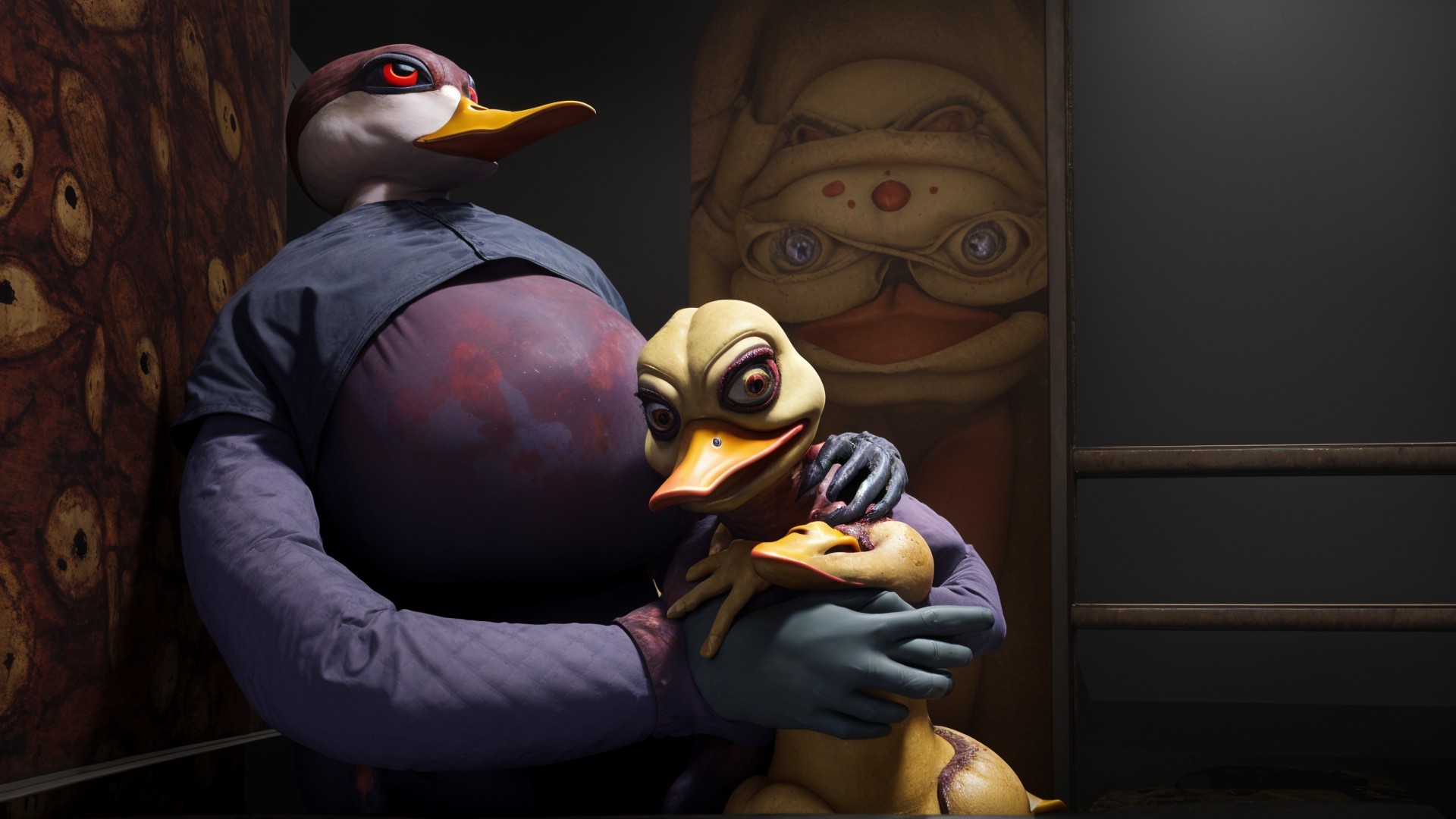 Anthropomorphic Duck with Duckling in Eerie Setting