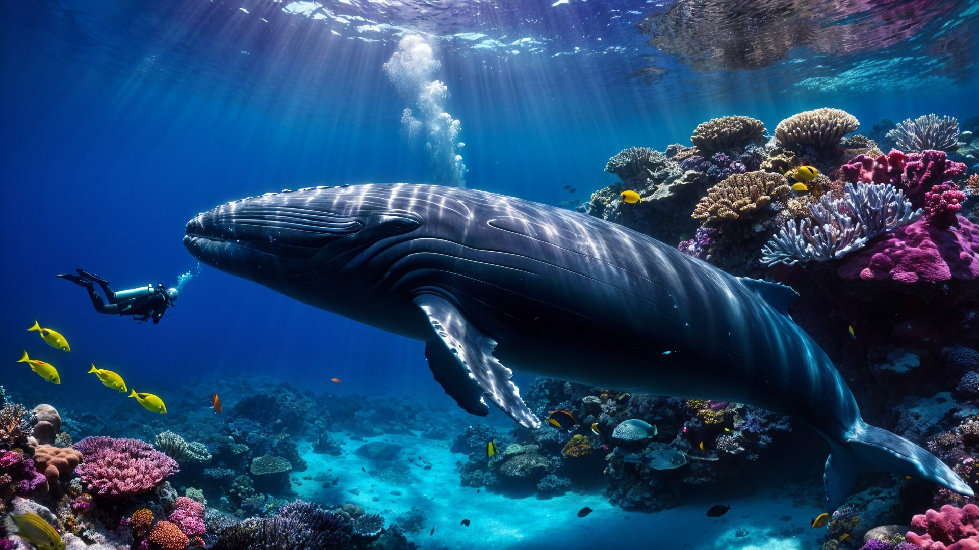 Diver and Whale Beneath Vibrant Coral Reefs