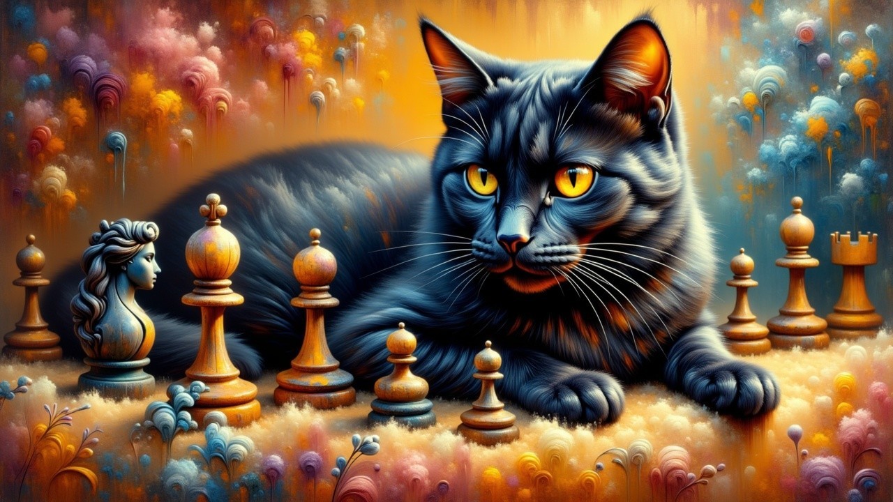 Black Cat with Yellow Eyes Among Chess Pieces
