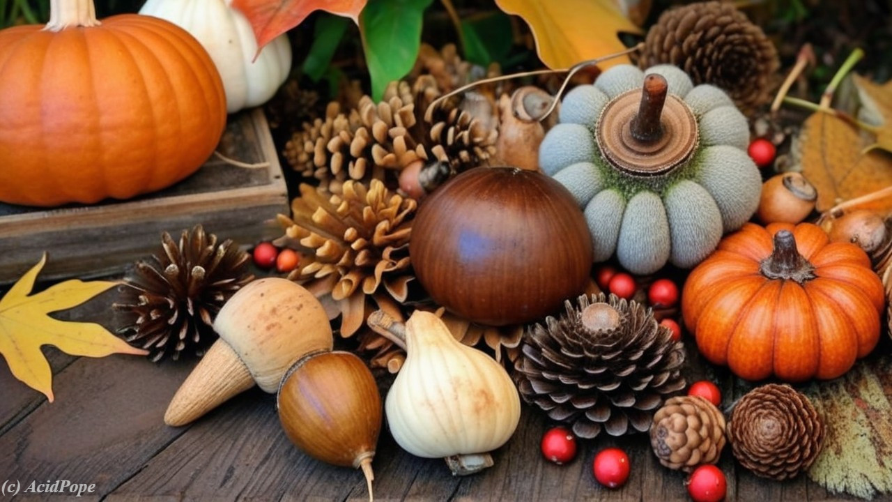 Vibrant Autumn Scene with Decorative Pumpkins and Foliage