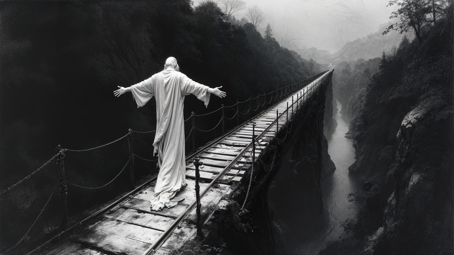 Solitary Figure on a Narrow Bridge Over Chasm