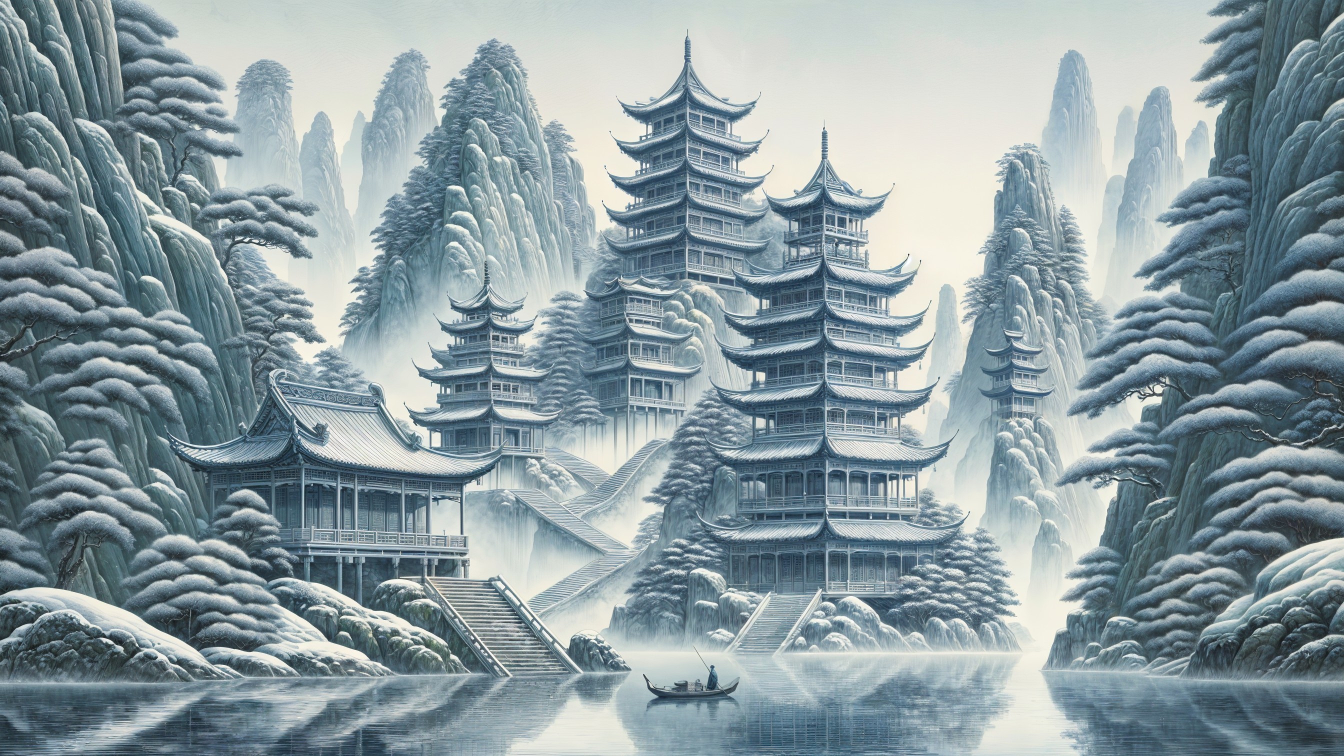 Serene Snowy Landscape with Pagodas and Mountains