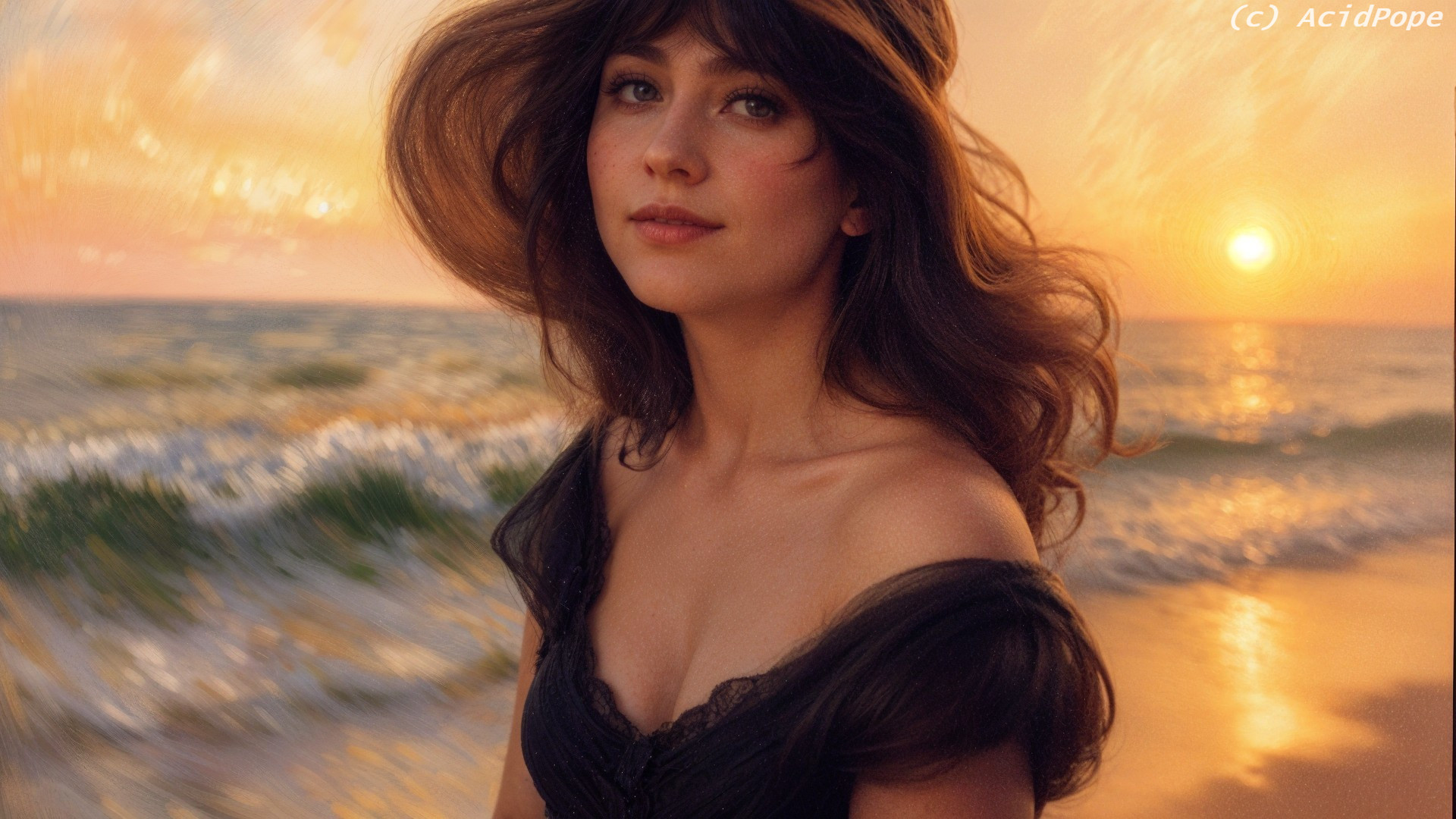 Woman on Beach at Sunset in Flowing Black Dress