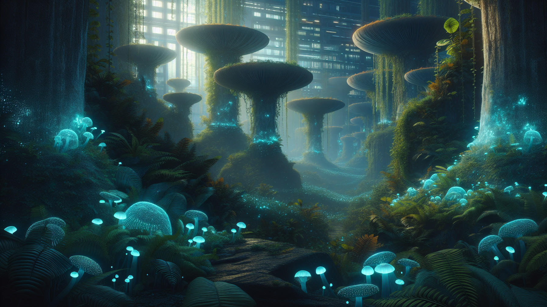 Mystical Forest with Bioluminescent Plants and Mushrooms