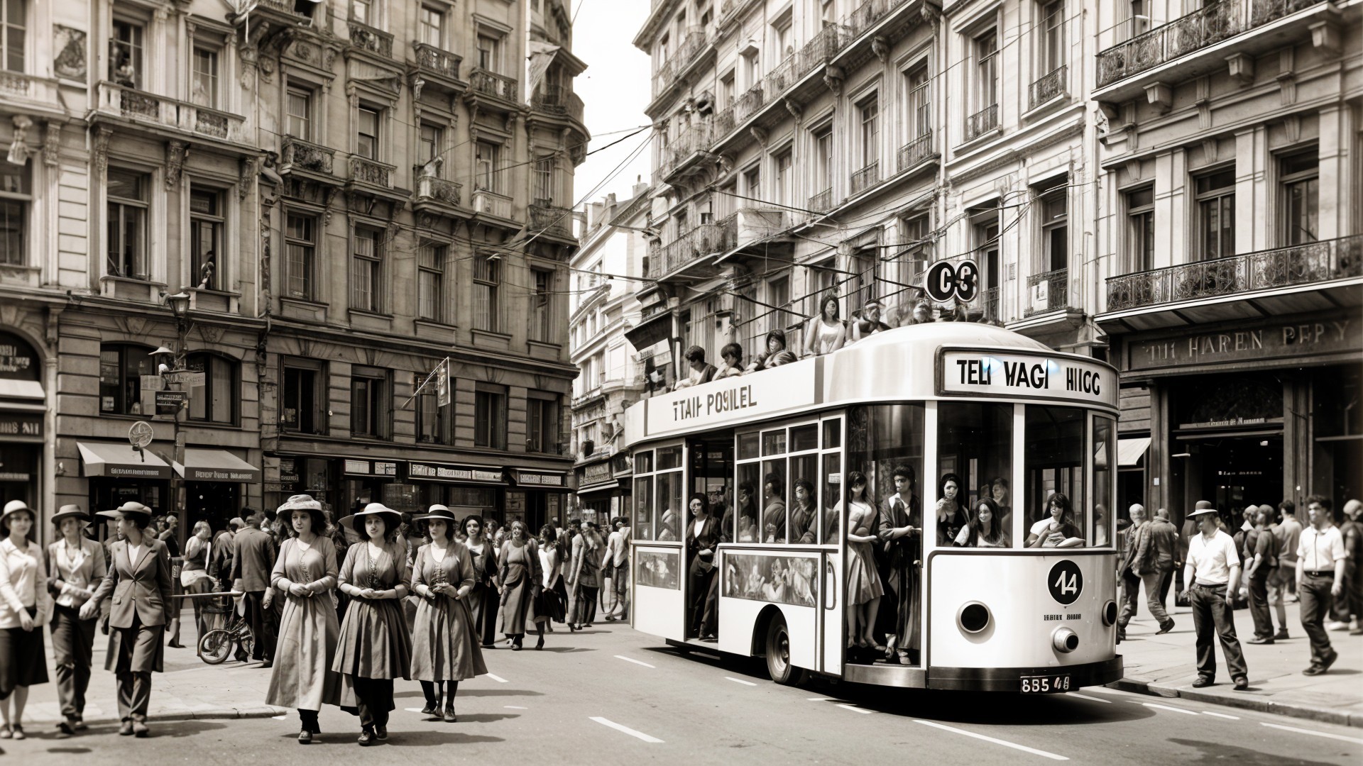 Vintage City Street with Classic Tram and Elegant Attire