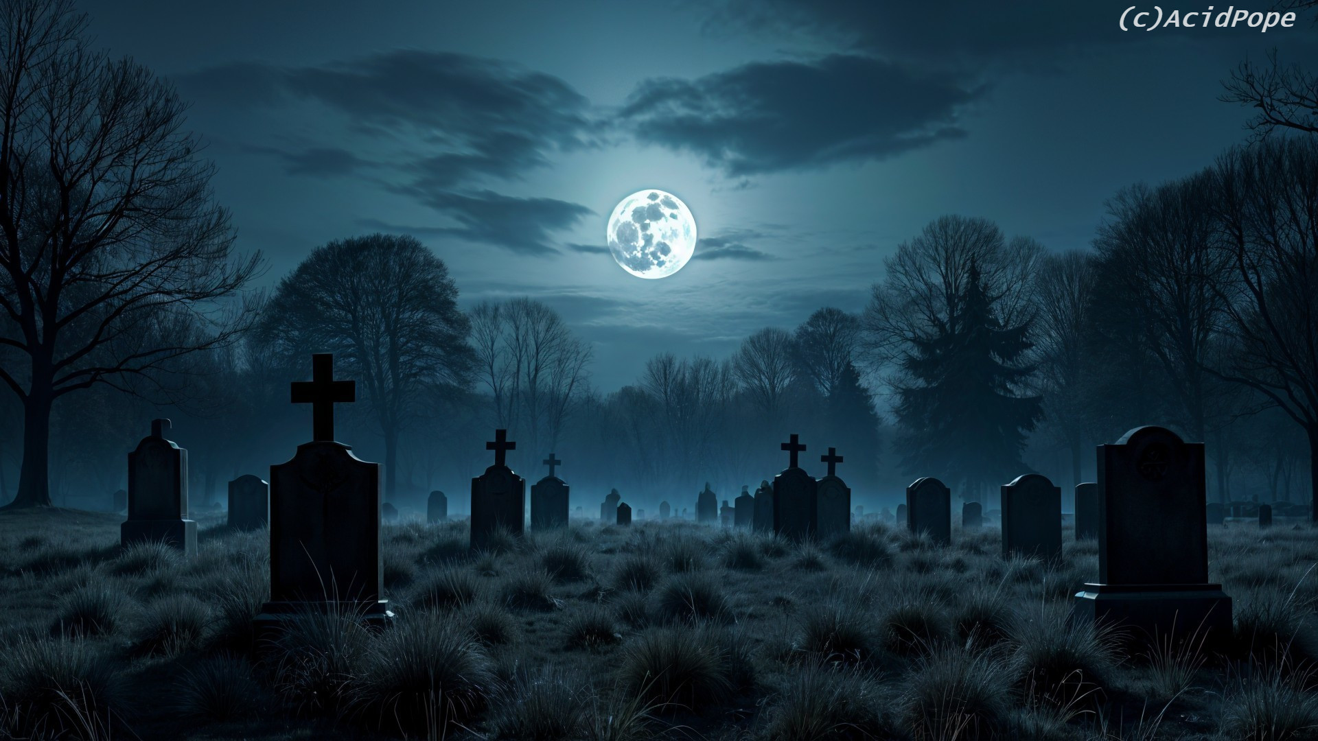 Haunting Graveyard Scene Under Full Moonlight