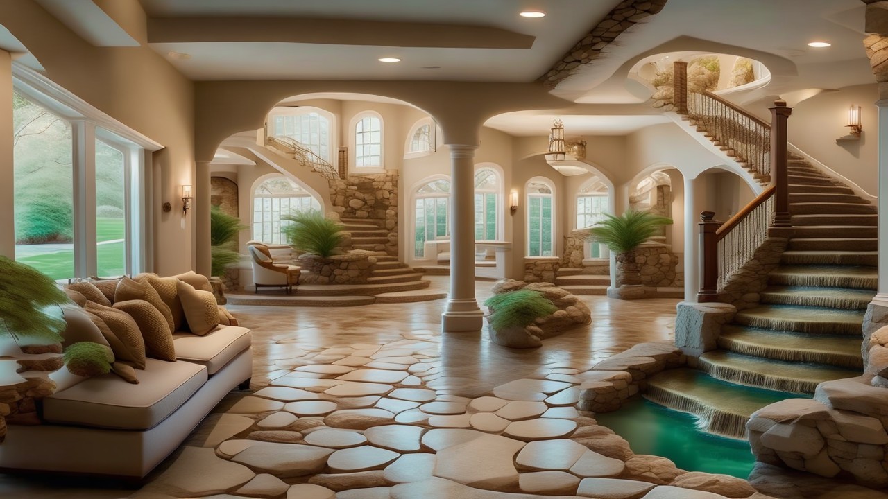 Elegant Living Area with Stone Accents and Natural Light