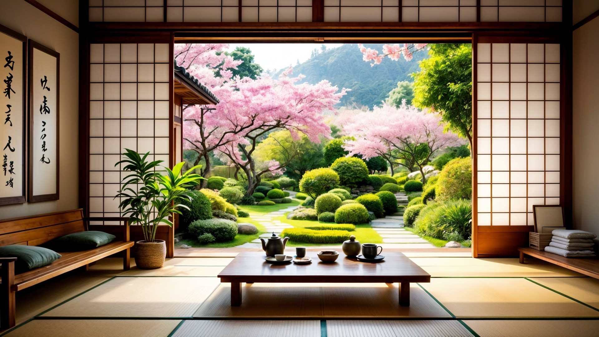 Japanese Tea Room with Garden View and Cherry Blossoms
