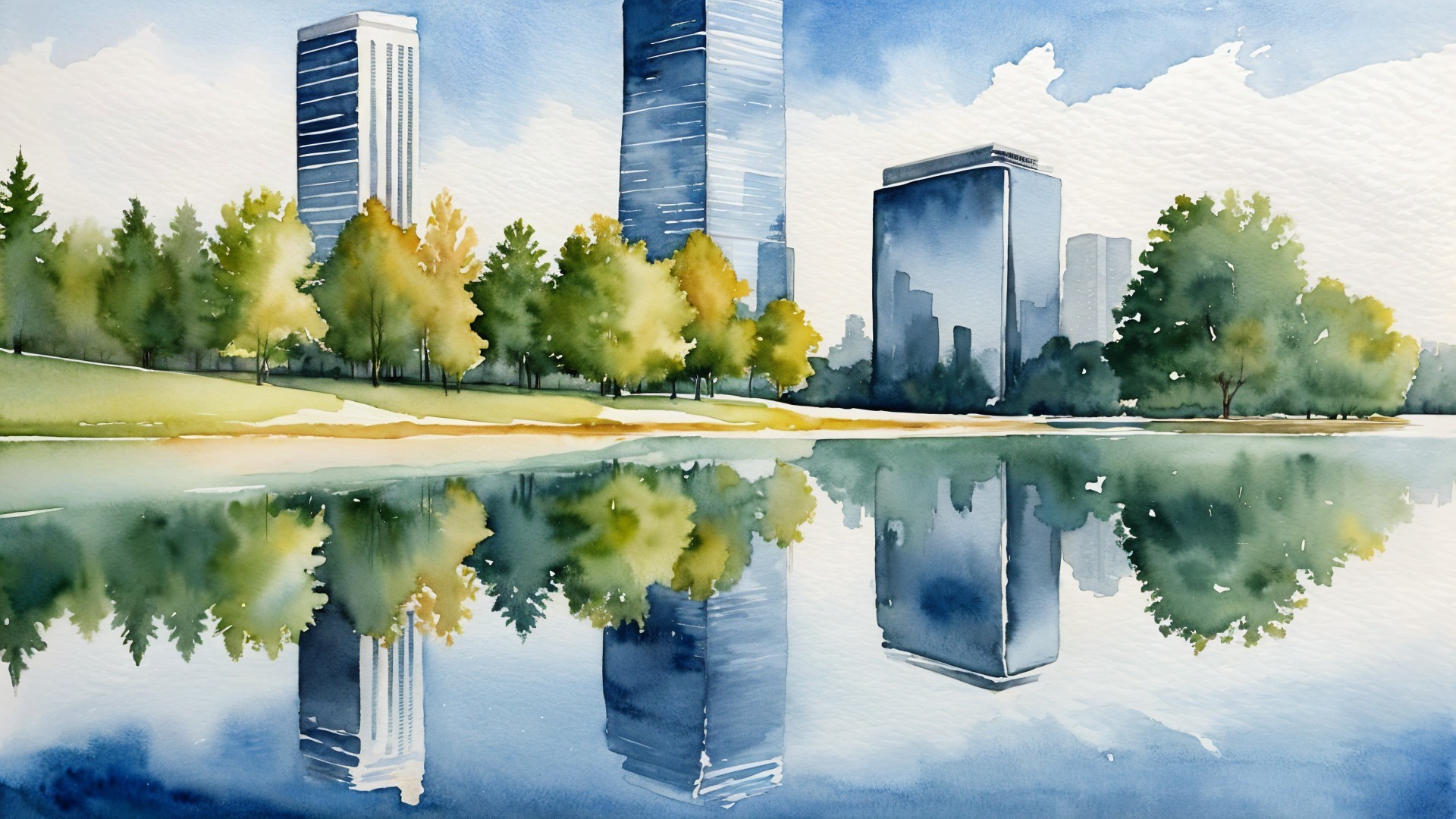 Tranquil Watercolor Park Scene with Skyscrapers