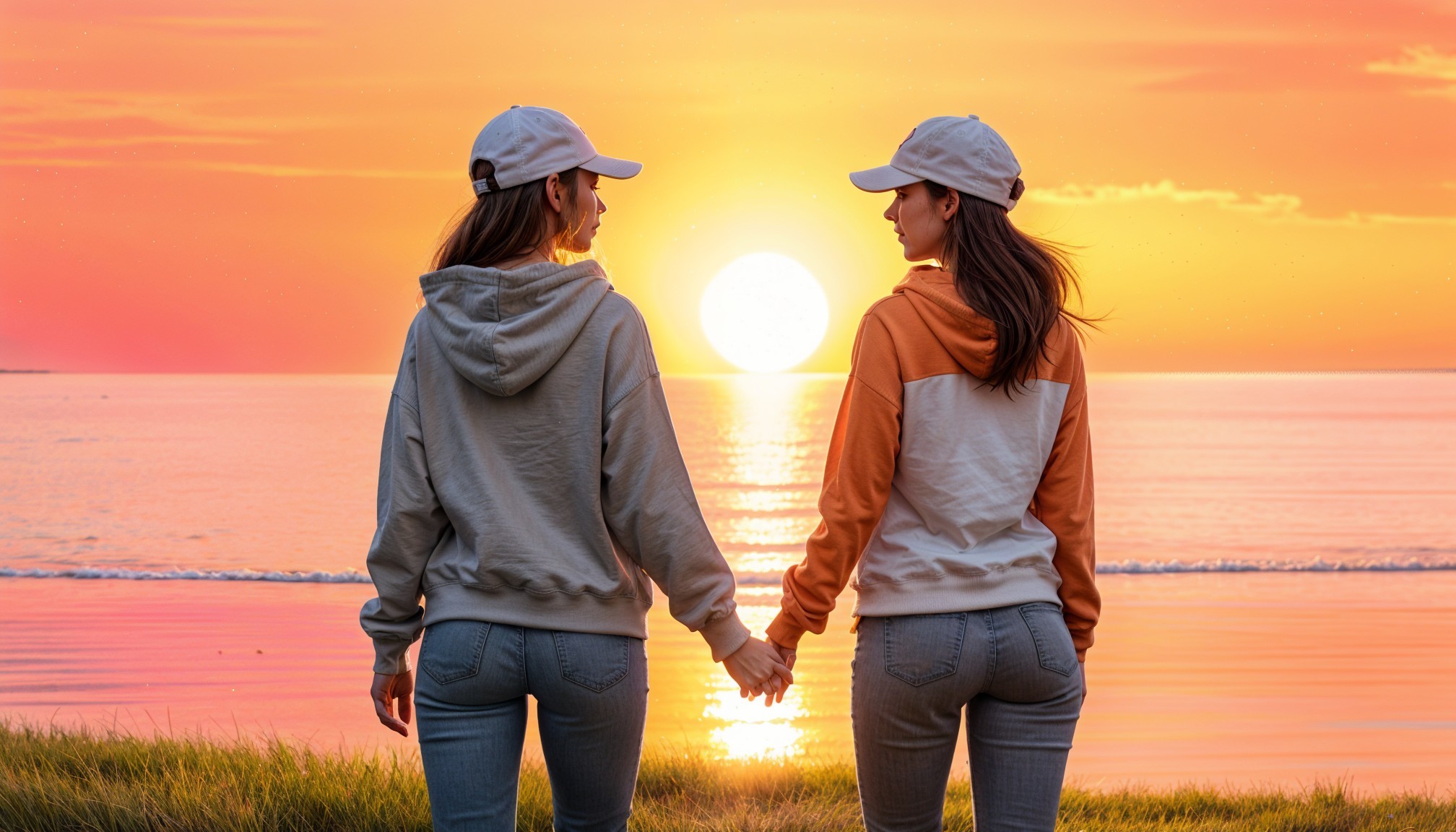 Couple Enjoys Sunset Over Calm Sea in Casual Attire