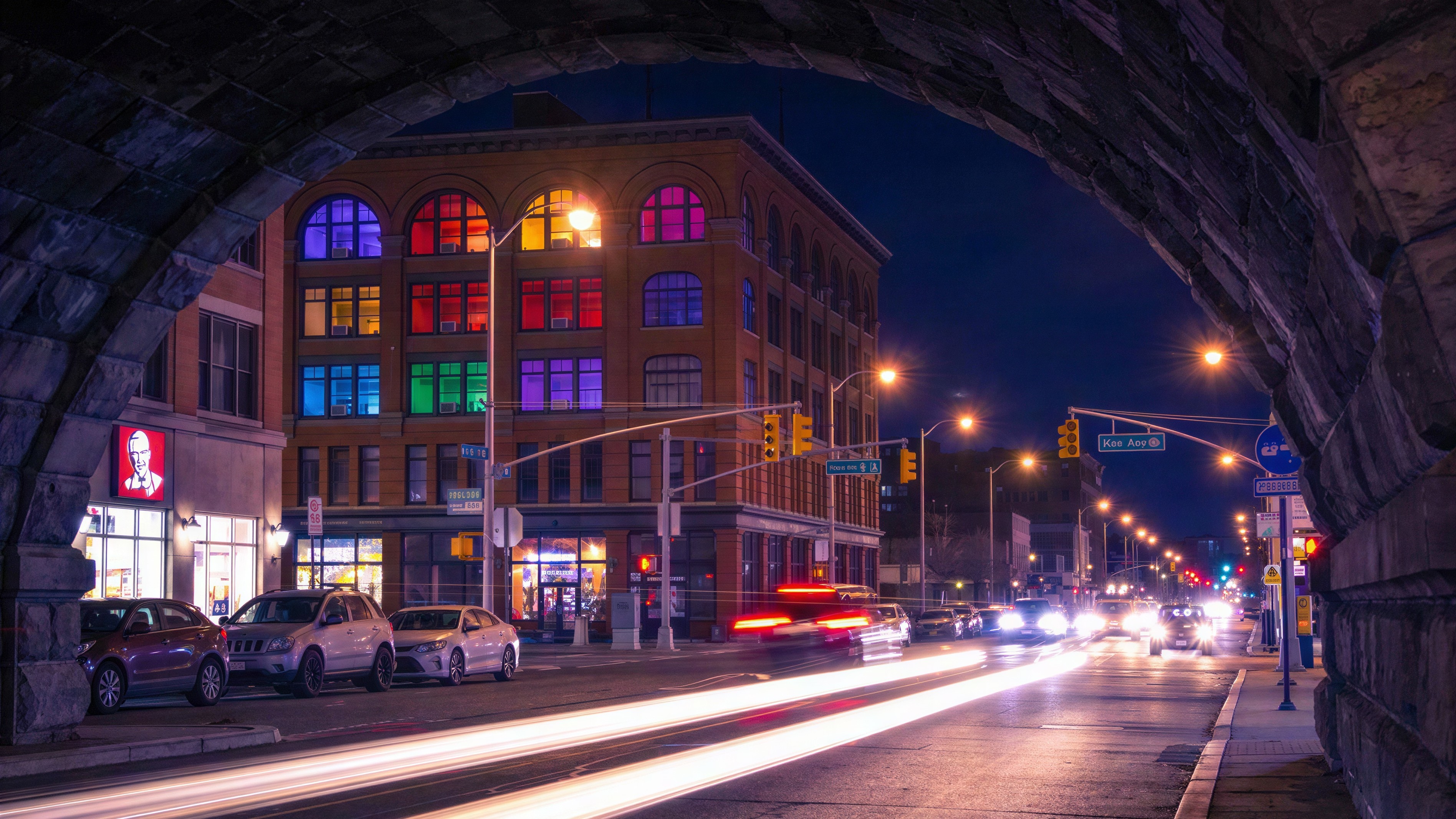 Nighttime Street View with Light Trails and Architecture