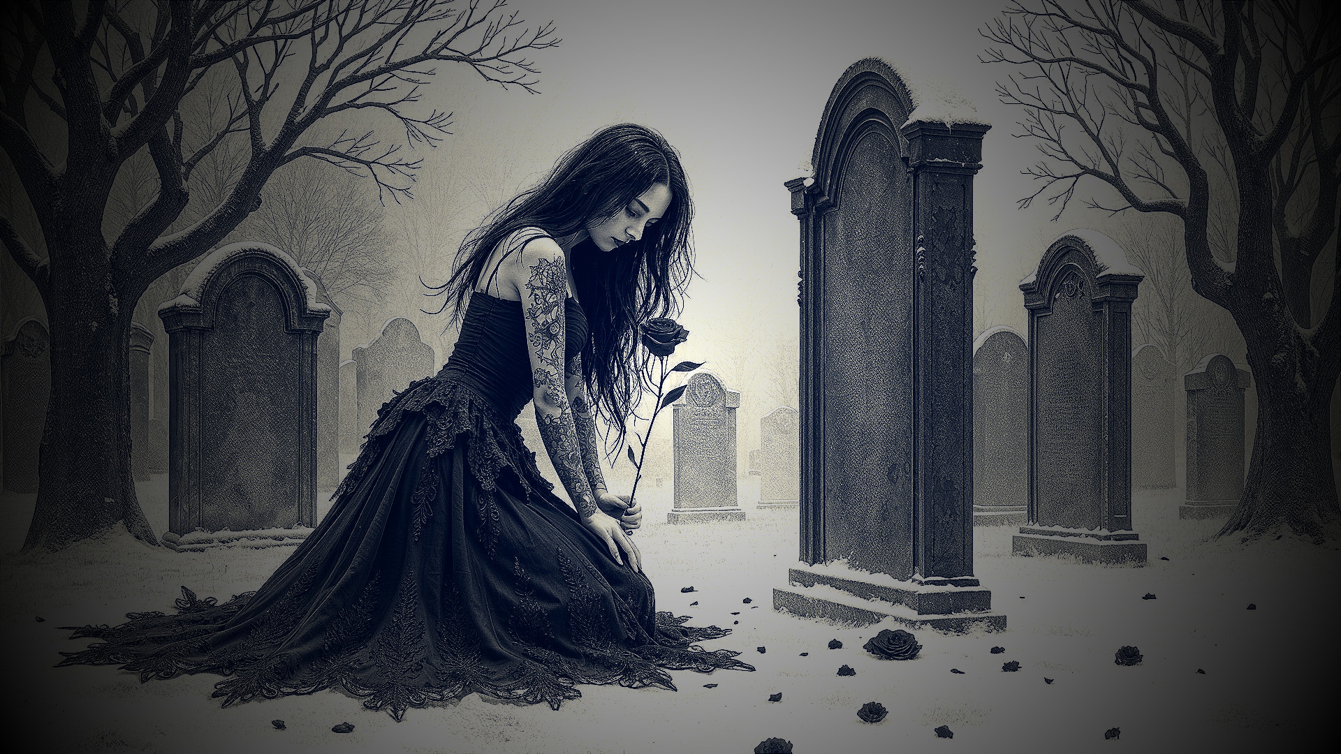 Snowy Graveyard Scene with Young Woman and Black Rose