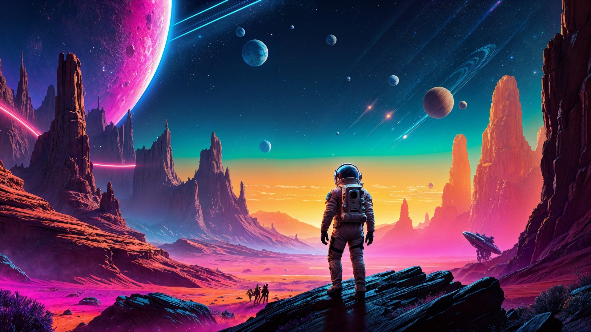 Astronaut in Colorful Alien Landscape with Planets