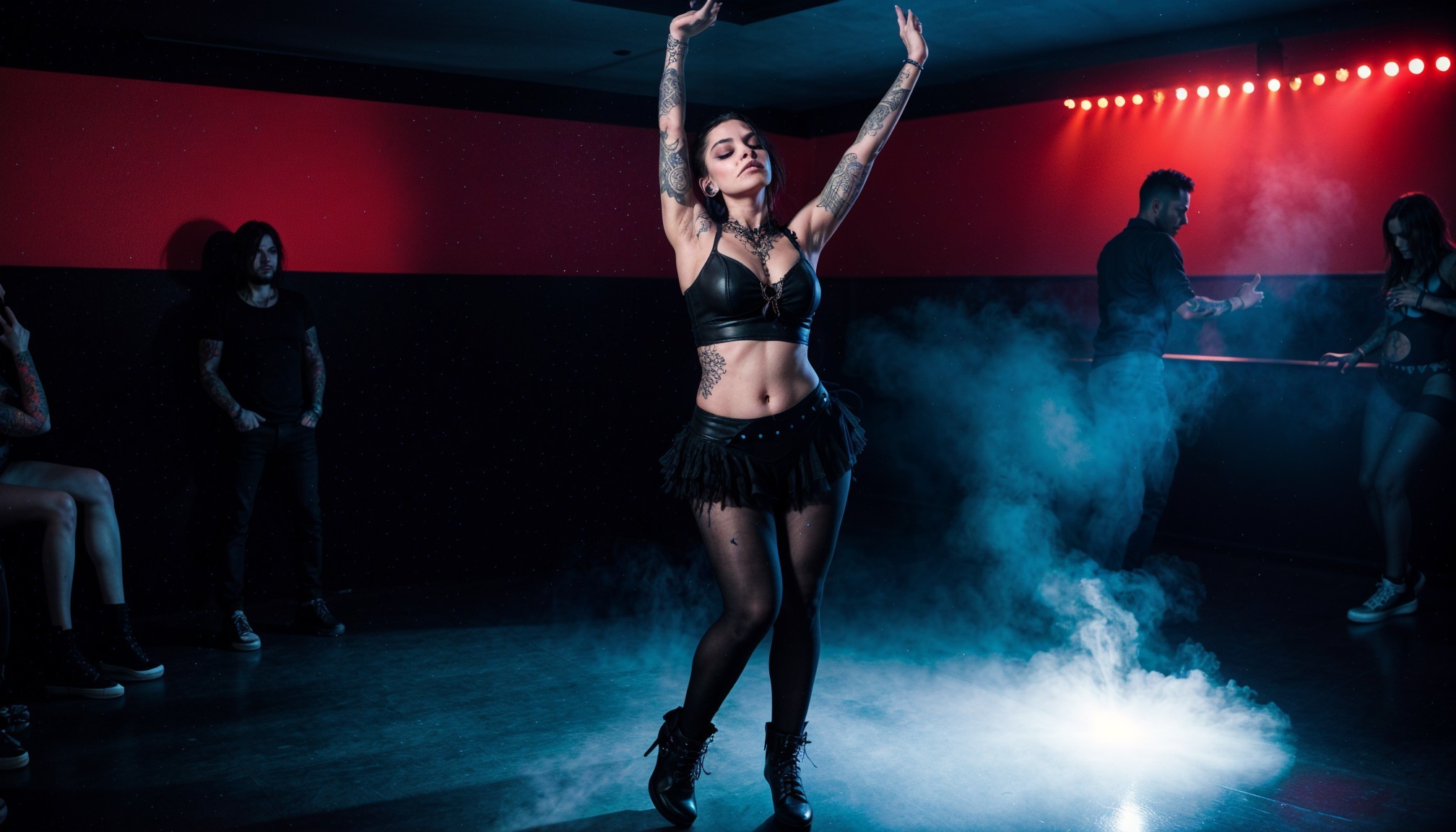 Performer in Leather Outfit Captivates Under Red Lights