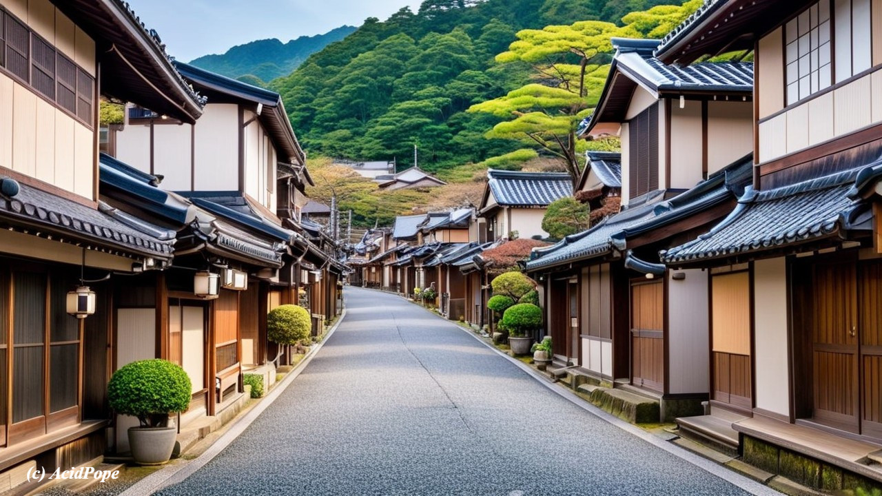 Historic Japanese Street with Wooden Houses and Gardens